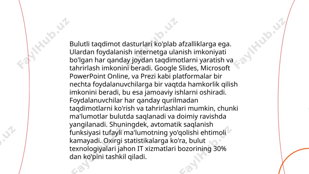 bo'yicha global xarajatlarning 15-20% ga oshishi kutilmoqda, bu esa ushbu sohaning ahamiyatini yana bir bor tasdiqlaydi. bulutli texnologiyalar asosida ishlaydigan taqdimot dasturlari va ularda iwshlash saydaxmedova gavharoy e'tiboringiz uchun raxmat! image1.png image2.png image3.png image4.png image5.png image6.png image7.jfif /docprops/thumbnail.jpeg