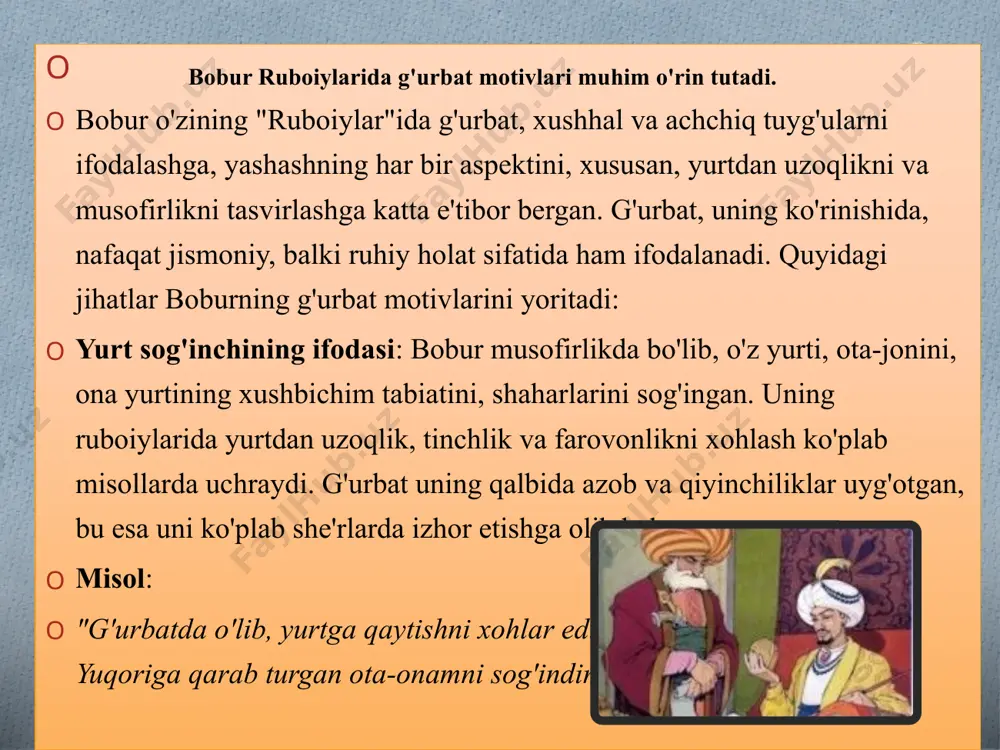 yozgan she'rlari, o'zining ichki kechinmalarini va hayotiy tajribalarini o'rganishga imkon beradi. misol: "vatanimdan uzoqda, yurtimni sog'inib, o'tgan yillarni eslab, yig'layman." g'urbatdagi tafakkur: bobur musofirlikni nafaqat jismoniy sayohat sifatida, balki o'z-o'zini anglash, insoniyat va hayot haqida chuqur tafakkur qilgan davr sifatida tasvirlaydi. g'urbatda u o'zining hayotini va maqsadlarini ko'rib chiqib, ichki qarorlar qabul qiladi. misol: "g'urbatdagi yolg'izlikda, qalbimni sinab ko'rdim, yurtimni eslab, hech bir narsaga arzimas tuyuldim." bobur ruboiylarida g'urbat motivlari, uning dunyoqarashi, insoniy tuyg'ulari va yashashning qat'iyatli muammolari haqida chuqur fikr yuritishiga yordam beradi. musofirlik nafaqat shaxsiy iztirob, balki uni ruhiy, falsafiy va poetik nuqtai nazardan keng tahlil qilishga olib keladi. e’tiboringiz uchun raxmat! image3.jpeg image4.png image5.jpeg image6.jpeg /docprops/thumbnail.jpeg