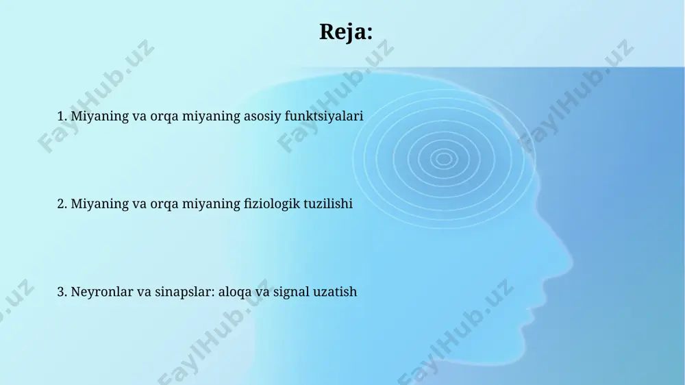 2-3 marta oshiradi. uyqu va uyg'oqlik uyqu va uyg'oqlik haqida ma'lumot uyg'oqlik holati retikulyar aktivatsiya tizimi (ras) tomonidan ta'minlanadi. bu tizim bosh miya po'stlog'ini faol holatda ushlab turadi va sezgi organlaridan keladigan impulslar orqali aktivlanadi. miya metabolizmi va energiya talablari miya o'zining energiya ehtiyojlarini qondirish uchun doimiy kislorod ta'minotiga muhtoj. miya metabolizmi uchun zarur bo'lgan kislorod miqdori daqiqada taxminan 3.3 ml / 100 gramm miya to'qimasidir. glyukoza miyaning asosiy energiya manbai bo'lib, metabolizm orqali atp hosil qiladi. taxminan 5 mg glyukoza har 100 gramm miya to'qimasi uchun har daqiqada ishlatiladi. orqa miyaning tuzilishi va vazifalari orqa miya markaziy kulrang moddadan (asosan nerv hujayralari tanalari) va tashqi oq moddadan (asosan mielinli nerv tolalari) iborat bo'lib, oq modda nerv impulslarini bosh miyaga va undan olib o'tadi. umurtqa pog'onasi ichida joylashgan orqa miya 31 juft orqa miya nervlari orqali tananing turli qismlari bilan aloqa o'rnatadi va bu nervlar segmentlarga bo'linib, sezgi va harakat …