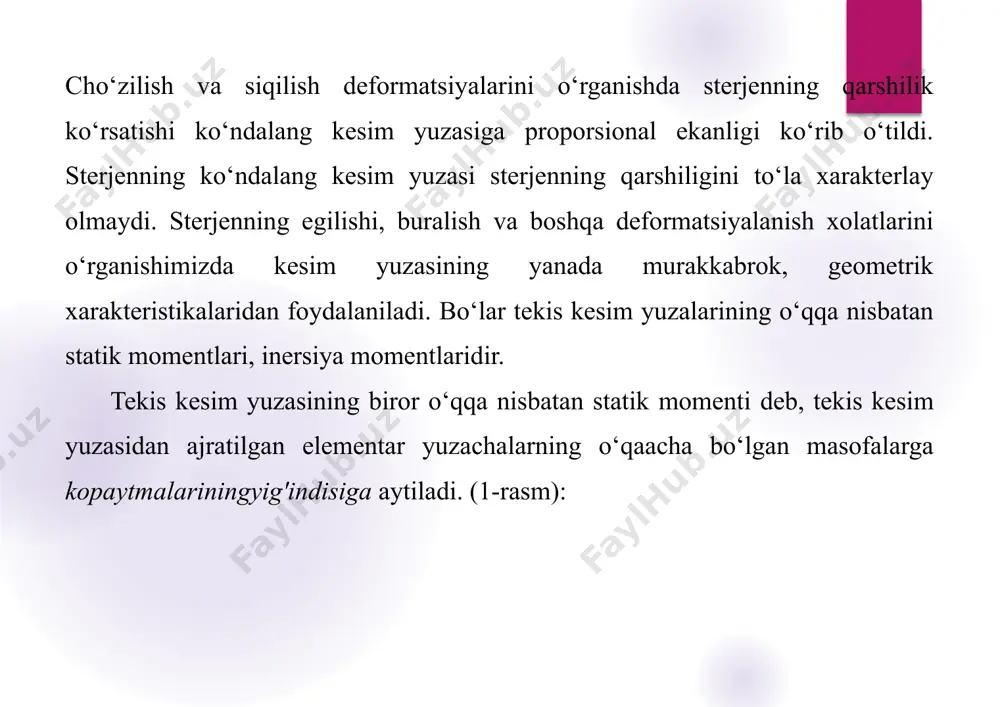 fi i =1 (7) (8) fn - ayrim olingan shakllarining yuzalari; bu yerda: f1, f2, zl; z2; zn; y1, y2, .......+yn - ayrim olingan shakllarning og‘irlik markazi koordinatalari. 3.tekis kesim yuzasinig biror o‘qqa nisbatan inersiya momenti deb, tekis kesim yuzasidan ajratilgan elementar yuzachalarning o‘qqacha bo‘lgan masofa kvadrati ko‘paytmasining yig‘indisiga aytiladi. jy = j z 2 df (9) f j =j y'df (10) f kesim yuzasidan ajratilgan elementar yuzachalarning koordintalar boshigacha bo‘lgan masofalar kvadratiga ko‘paytmalaming yig‘indisi qutb (polyar) inersiya momenti deyiladi. jp = j p2 df (11) f inersiya momentlari uzunlie o‘lchovining to‘rtinchi darajasi bilan o‘lchanadi. kesim yuzasining inersiya momentlari bilan ko‘tb inersiya momenti orasidagi bogdanishni topish mumkin. r2 = y2 + z2 (12) i p-j( ,2+z2 yf - jz+jy (13) f demak, ko‘tb inersiya momenti koordinata o‘qlariga nisbatan olingan inersiya momentlari algebraik yig‘indisiga teng bo‘ladi. kesim yuzasidan ajratilgan elementar yuzalarning koordinta o‘klarigacha bo‘lgan masofalarga ko‘paytmasining yig‘indisiga markazdan kochirma inersiya momenti …