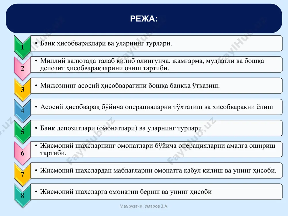 юритиладиган ҳисобварақ. муддатли депозит ҳисобварағи — шартномада қатъий келишилган муддатга қўйилган мижозларнинг маблағлари ҳисоби юритиладиган ҳисобварақ. ссуда ҳисобварағи — белгиланган тартибда мижозларга берилган кредитларнинг ҳисоби юритиладиган ҳисобварақ. маърузачи: умаров з.а. банк ҳисобварақлари «ўзбекистон республикаси банкларида очиладиган банк ҳисобварақлари» тўғрисидаги 1948-сонли йўриқнома (2009 йил 27 апрель) асосида очилади юридик ва жисмоний шахслар ўзларига ҳисоб-китоб ва касса хизматларини кўрсатиш учун банкларни мустақил равишда танлайдилар ҳамда бир ёки бир неча банкларда миллий ва чет эл валютасидаги талаб қилиб олингунча депозит ҳисобварақлари, шунингдек, жамғарма, муддатли ва бошқа депозит ҳисобварақларини очиш ҳуқуқига эга. бюджетдан маблағ олувчи муассасаларга давлат бюджети ҳисобидан ажратиладиган маблағларни кирим қилиш ва бу маблағлардан фойдаланиш учун бюджет ҳисобварақлари, шунингдек ушбу муассасаларнинг бюджетдан ташқари маблағлари ҳисобини олиб бориш учун талаб қилиб олингунча, жамғарма ва муддатли депозит ҳисобварақлари очилади. маърузачи: умаров з.а. мижозлар томонидан банк ҳисобварақлари очилаётганда, банк ҳисобварағи шартномаси (жисмоний шахсларнинг омонати бўйича банк омонати шартномаси) тузилади. банк ҳисобварағи шартномаси (жисмоний шахсларнинг омонати …