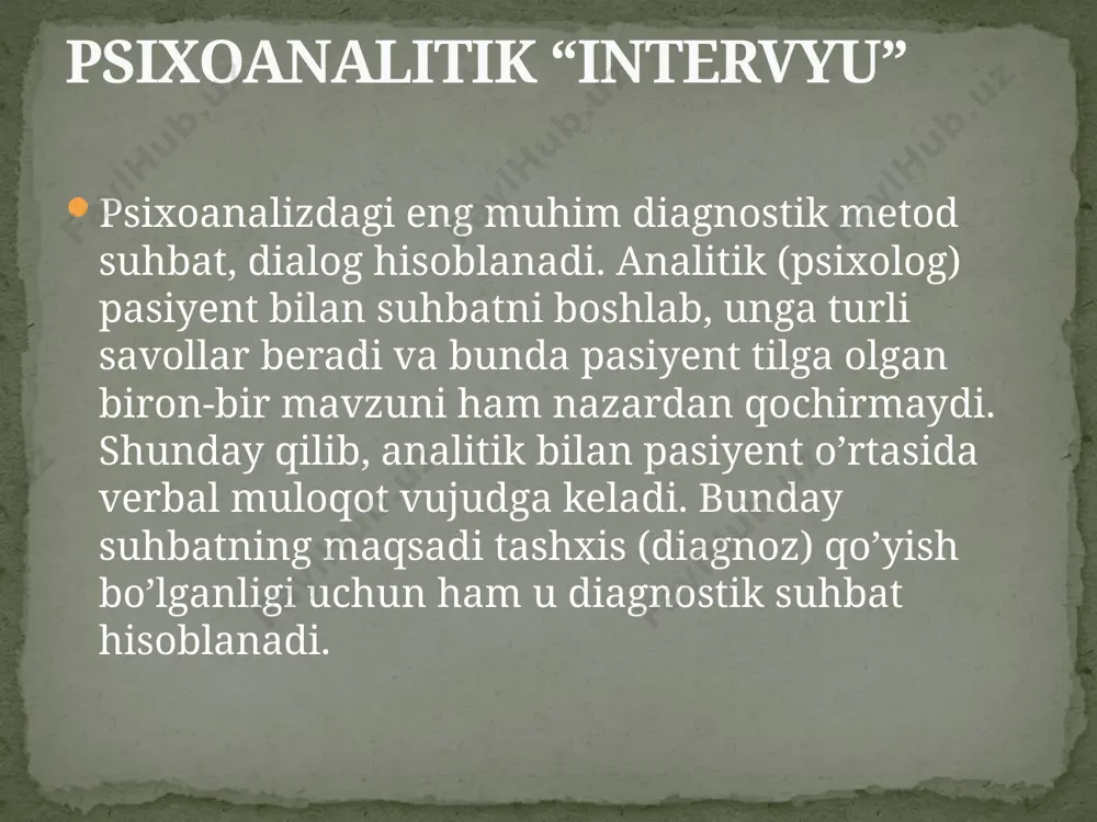 rishsa, unda: pasiyent suhbatning muvaffaqiyatiga yordam berib intervyuyerni qo’llab-quvvatlashi kerak. boshqacha aytganda, analitikka eshitayotgan narsalariga diqqatini jamlashiga imkon berishi kerak. bu yerda gap eshitishning faol jarayoni haqida ketayapti, bunda idrokning uch bosqichini ajratish mumkin. odatda, psixoanalitik intervyu doirasida, magnitofon yoki stenografik yozuvlar asosida verbal bayonnoma tuziladi va bunday bayonnomalar tadqiqot uchun a’lo darajada yaroqli hisoblanadi. pasiyentning fikrlari, interpretasiya va uning diagnostik ahamiyati terapevtning xohishi bilan istagan paytda empirik qayta ishlanishi mumkin. pasiyent bilan turli vaqtlarda o’tkazilgan suhbatlar, shuningdek turli pasiyentlar bilan o’tkazilgan suhbatlar bayonnomalarini taqqoslash imkoniyati mavjud. bunday qayta tekshirishning maqsadi intervyuning mazmunini tahlil qilishdir. empirik asoslash . buning uchun ham sifat, ham miqdor uslublari qo’llaniladi. intervyuning ekspertlar tomonidan baholanishi psixoanalitik tomonidan suhbat davomida berilgan talqinning to’g’riligini tekshirish imkoniyatini beradi. so’nggi vaqtlarda an’anaviy miqdor uslublari bilan bir qatorda kompyuter tadqiqotlari ham keng tarqalmoqda. suhbat davomida quloqqa chalingan, pasiyent tomonidan qo’llanilgan iboralar analitikning intervyu davomida aynan qanday affektlar aniqlanganligi haqida xulosa …