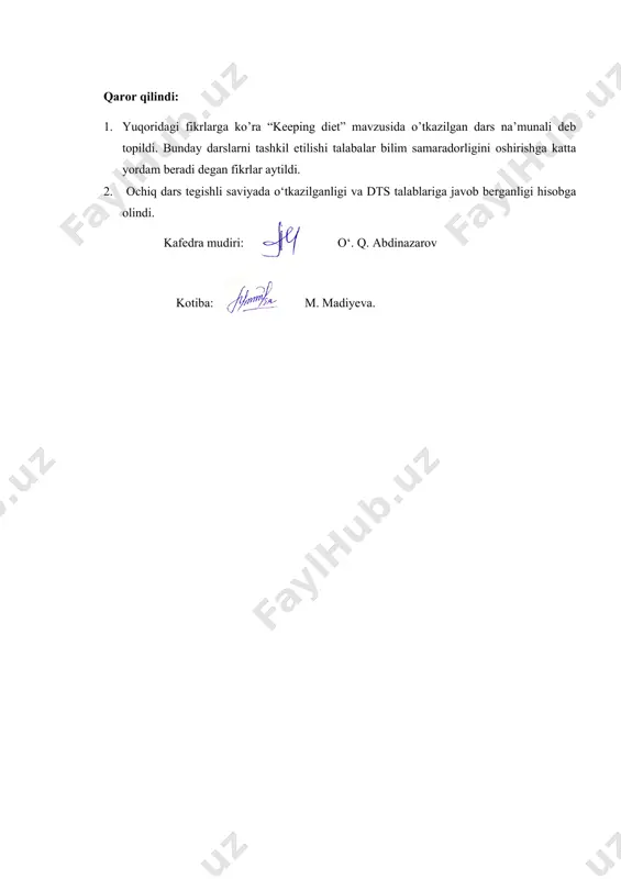arslarni tashkil etilishi talabalar bilim samaradorligini oshirishga katta yordam beradi degan fikrlar aytildi. 2. ochiq dars tegishli saviyada o‘tkazilganligi va dts talablariga javob berganligi hisobga olindi. kafedra mudiri: o‘. q. abdinazarov kotiba: m. madiyeva. image1.png image2.png image3.png image4.jpeg image5.jpeg image6.jpeg image7.jpeg image8.png image9.jpeg image10.jpeg image11.jpeg image12.jpeg image13.png