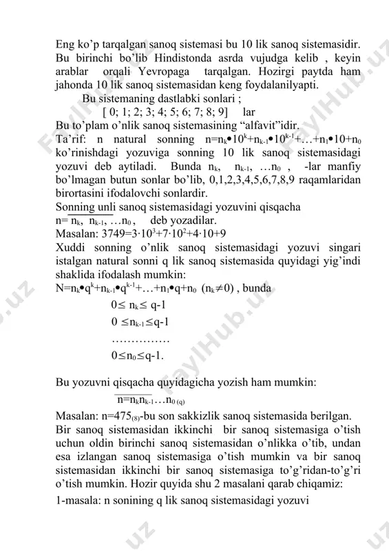 anadi. o’nli sanoq sistemasida yozilgan ko’p xonali sonlarni qo’shish algoritmi umumiy ko’rinishda mana bunday ifodalanadi: 1.ikkinchi qo’shiluvchini tegishli xonalar bir-birining ostiga tushadigan qilib birinchi qo’shiluvchining ostiga yozamiz. 2.birlar xonasidagi raqamlar qo’shiladi. agar yig’indi 10 dan kichik bo’lsa, uni javobdagi birlar xonasiga yozamiz va keyingi xonaga (o’nlar xonasiga) o’tamiz. 3.agar birlar raqamlarining yigindisi 10 dan katta yoki 10ga teng bo’lsa, uni 10+с0 , bunda с0 -bir xonali son, ko’rinishda yozamiz: с0 ni javobdagi birlar xonasiga yozamiz va birinchi qo’shiluvchidagi o’nlar raqamiga birni qo’shamiz, keyin o’nlar xonasiga o’tamiz. 4.o’nlar bilan yuqoridagidek amallarni bajaramiz, keyin yuzlar bilan va hokazo. yuqori xona raqamlari qo’shilgandan keyin bu jarayonni to’xtatamiz. o’nli sanoq sistemasida ko’p xonali sonlarni ayirish. 769-547 ayirmani qaraymiz. berilgan sonlarni koeffitsiyentli o’nning darajalari yig’indisi ko’rinishida yozamiz: 769-547=(7(102 +6(10+9)-(5(102+4(10+7). 7(102+6(10+9 yig’indidan 5(102+4(10+7 yig’indini ayirish uchun shu yig’indidan har bir qo’shiluvchini birin –ketin ayirish kifoya, bu qanday yoziladi: (7(102+6(10+9)-5(102-4(10-7. endi 7(102 +6(10+9 yig’indidan 5(102, 4(10, 7 …