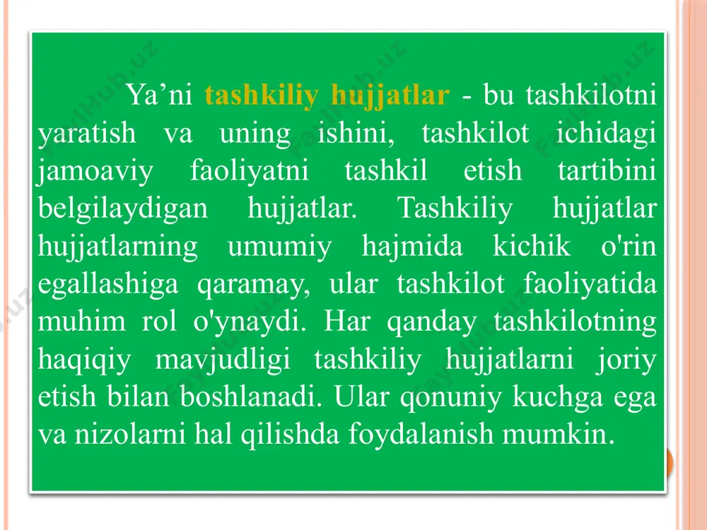 uvofiq yuridik shaxsning ta’sis hujjatlarida boshqacha tartib nazarda tutilgan bo‘lmasa davlat ro'yxatidan o'tkazish yuridik shaxsning joylashgan joyi, shuningdek, yuridik shaxs faoliyatining predmeti va maqsadlari (notijorat va unitar korxonalar uchun) ham uning joylashgan joyi bilan belgilanadi. tashkilot to'g'risidagi nizom tashkilotning bosh blankida hujjat turi ko'rsatilgan holda tuziladi, tashkilot rahbari tomonidan tashkilotning muhri bilan imzolanadi va qoida tariqasida yuqori tashkilotning ma'muriy hujjati bilan tasdiqlanadi. . tashkilot to'g'risidagi nizomga o'zgartirishlar faqat yuqori tashkilot rahbarining buyrug'i bilan kiritilishi mumkin. tarkibiy bo'linmalar to'g'risidagi nizomni quyidagicha tasniflash mumkin: 1.tarkibiy bo'linmalar to'g'risidagi nizom; 2.kollegial organlar (direktorlar kengashi, hay’at, ilmiy kengash, ilmiy-texnik kengash, o‘qituvchilar kengashi) to‘g‘risidagi nizom; 3.vaqtinchalik organlar (yig'ilishlar, komissiyalar, kengashlar) to'g'risidagi nizom. kollegial va maslahat organlari to'g'risidagi nizom (direktorlar kengashi, kengash, ilmiy kengash, ilmiy-texnik kengash, o‘qituvchilar kengashi) ham normativ xarakterga ega bo‘lib, muayyan boshqaruv organining tarkibi, shakllanish tartibi, vakolati, ish tartibi, huquq va majburiyatlarini belgilaydi. bunday qoidalar matnining tuzilishi ham me’yoriy jihatdan belgilanmagan. shu bilan birga, …