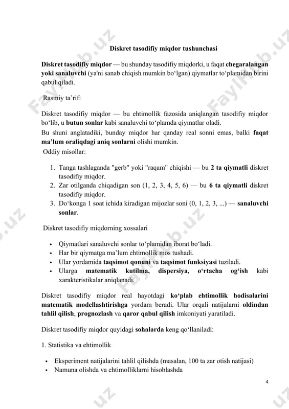 iladi. bu t.lar tasodifiy miqdorlarning sonli xarakteristikalarini (matematik kutilma, dispersiya, korrelyatsiya) taqribiy aniqlash (statistik baholash)da va statistik gipotezalarni tekshirishda keng qoʻllaniladi. diskret va uzluksiz tasodifiy miqdorlar taqsimotlarini berishning universal usuli ularning taqsimot funksiyalarini berishdir. taqsimot funksiya orqali belgilanadi. rasmiy ta’rif: diskret tasodifiy miqdorning taqsimot qonuni — bu har bir mumkin bo‘lgan qiymat uchun unga mos keluvchi ehtimollikni ko‘rsatadigan qonun yoki funksiya. boshqacha qilib aytganda, bu qonun orqali har bir xix_ixi​ qiymatni olish ehtimoli tarzida ifodalanadi. ko‘rinishi (jadval ko‘rinishida): x qiymatlari … … bu yerda: har bir ehtimollik manfiy emas . ya’ni barcha ehtimolliklar yig’indisi 1 ga teng bo’ladi taqsimot qonunining ahamiyati 1. tasodifiy jarayonni to‘liq tavsiflaydi taqsimot qonuni yordamida biz tasodifiy miqdorning qanday qiymatlar olishini va har birining ehtimolini aniq bilib olamiz. 2. statistik tahlilning asosi taqsimot qonuni statistik hisob-kitoblar, grafiklar va tahlillarni tuzishda asosiy rol o‘ynaydi. masalan, matematik kutilma, dispersiya aynan shu qonun asosida hisoblanadi. 3. real hayotdagi ehtimolliklarni …