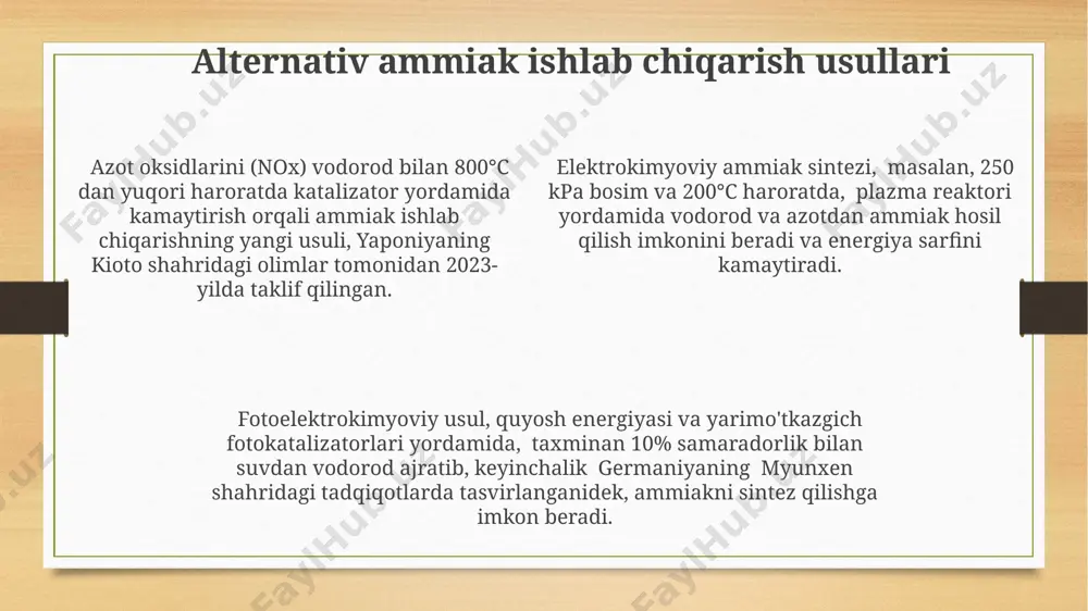 arayon orqali ishlab chiqarilgan o'g'itlarga bog'liq. ammiak sintezi reaktori аммиак синтези реакторларининг ишлаш босими 150-350 атмосферага етади ва бу жараён 400-600°c температурада, темир оксиди катализатори иштирокида, россиянинг новочеркасск шаҳридаги заводларда кенг қўлланилади. haber-bosch жараёнида ишлатиладиган аммиак синтези реакторлари германиянинг basf компанияси томонидан 1913 йилда ишлаб чиқилган ва бугунги кунда ҳам дунё бўйлаб, жумладан, ўзбекистонда ҳам, минглаб тонна аммиак ишлаб чиқаришда самарали қўлланилади. кўпгина аммиак синтези реакторлари, айниқса йирик масштабли заводларда, диаметри 3-6 метр бўлган цилиндрик конструкцияга эга бўлиб, бу уларнинг юқори самарадорликка эришишини таъминлайди ва масалан, ақшнинг луизиана штатидаги заводларда ўрнатилган. reaksiya shartlari va optimal parametrlar босимнинг оптимал қиймати 200-350 атмосферани ташкил этади, бу реакция тезлигини оширади ва германиядаги "basf" компаниясининг заводларида амалда қўлланилади. реакциянинг юқори самарадорлиги учун азот ва водороднинг моляр нисбати 1:3 бўлиши керак, бу жанубий кореядаги аммиак ишлаб чиқариш корхоналарида стандарт ҳисобланади. аммиак синтези учун оптимал температура 400-500°c атрофида бўлиб, бунда катализатор сифатида темир ишлатилади ва южная …