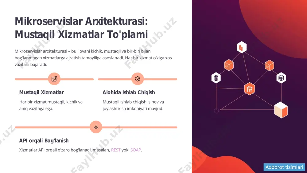 rs asosida ishlaydi • xizmatlar mustaqil yangilanadi, tizim ishonchliligi oshadi • vizual monitoring va konfiguratsiya boshqaruvi • resurslardan maksimal darajada foydalanish axborot tizimlari xulosa: tarmoq xizmatlari arxitekturasi kelajagi arxitektura tanlovi monolitdan mikroservisga o'tish – zamonaviy va samarali yechim bo'lib, loyiha ehtiyojlariga mos keladigan arxitekturani tanlash muhim. protokol rollari rest va soap protokollari xizmatlararo muloqotda asosiy vositalar bo'lib, ularni to'g'ri qo'llash tizim ishlashini optimallashtiradi. muvaffaqiyat kaliti tarmoq xizmatlarini to‘g‘ri arxitektura va protokollar bilan yaratish biznes muvaffaqiyatining kalitidir, bu esa innovatsiyalarga yo'l ochadi. muvaffaqiyatli dasturiy ta'minot tizimini qurish uchun har doim eng zamonaviy yondashuvlar va texnologiyalarni o'rganish va amaliyotga tadbiq etish zarur. axborot tizimlari
