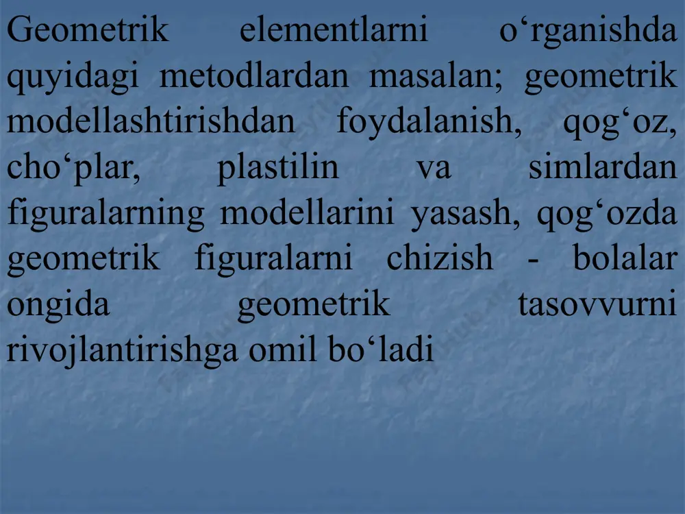 maliy ishlar bolalarda tegishli ko‘nikmalar hosil qilishga xizmat qiladi. bunday xolatlarda bajarilayotgan ishlarni so‘zlar bilan tariflay olish, dasturda ko‘zda tutilgan simvolika(belgi,ramz) va atamalarni qo‘llay olish muhim ahamiyatga egadir. shuni ham nazarda tutish g‘arurki, boshlang‘ich sinflarda olingan geometrik figuralarni yasash va o‘lchashga doir ko‘nikmalar bolalar ongida uzoq vaqtlar saqlanib qoladi qurilmalarning aniqligi va o‘lchashga oid dastlabki tasovvurlar bolalar ongida boshlang‘ich sinflardayoq shakllana boshlaydi. i sinf o‘quvchilari chizg‘ich yordamida kesmalarni 1 sm.gacha aniqlik bilan o‘lchash ko‘nikmasiga ega bo‘lishlari kerak.bunday sharoitda zaruriy amaliy ishlarni bajarilishi aniqligini muntazam kuzatib borish zarur bo‘ladi. chizish asboblari va qalamlardan foydalanishda bolalar oldiga yozish va hisoblash ko‘nikmalarini shakllantirish kabi jiddiy talablar qo‘yish kerak. chizish va o‘lchashga oid ko‘nikmalarni shakllantirish ishlarini asta - sekin va izchillik bilan, buning uchun nafaqat matematika, boshqa fanlardan, jumladan, mehnat darsi, tasviriy san’at, tabiatshunoslik mashg‘ulotlaridan ham foydalanish lozim. image2.png image3.png image4.png image5.png image1.jpeg /docprops/thumbnail.jpeg