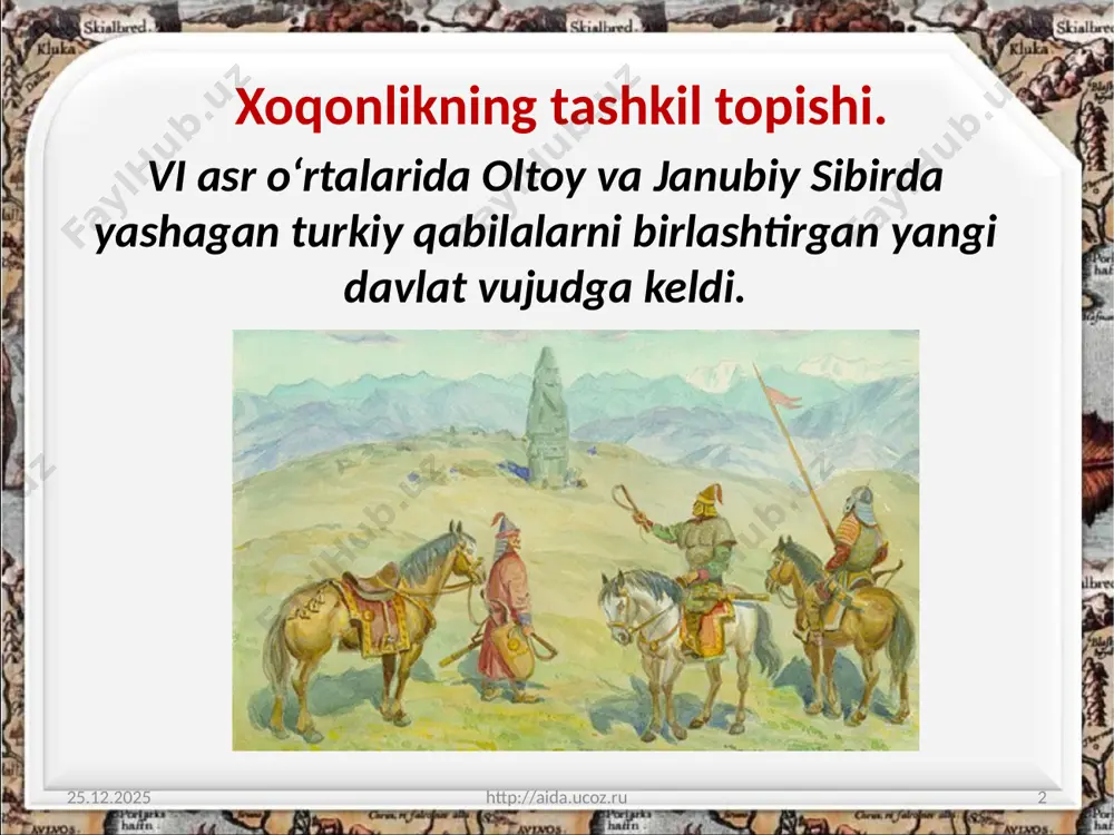 sharqidan to uzoq sharqqacha bo‘lgan hudud, 08.10.2019 http://aida.ucoz.ru 13 ya’ni janubiy sibir, urxun havzasi (mo‘g‘uliston), shimoliy xitoy sharqiy xoqonlik tasarrufida bo‘lgan. mazkur xoqonlikning poytaxti o‘tukan vodiysi (mo‘g‘uliston)da qaror topgan. 08.10.2019 http://aida.ucoz.ru 14 savol va topshiriqlar: 1. turk xoqonligi qachon va qayerda tashkil topdi, unga kim asos soldi? 2. nima maqsadda turk xoqonligi bilan eron o‘rtasida harbiy ittifoq tuzildi? 3. turk xoqonligining o‘rta osiyoga yurishi qanday oqibatlarga olib keldi? 4. eftallar davlati qulagach o‘zgargan vaziyat haqida nima deya olasiz? 5. turk xoqonligi boshqaruvi eftallar davri boshqaruvidan nimasi bilan farq qilgan? 6. turk xoqonligi qanday sabablarga ko‘ra bo‘linib ketgan? turk xoqonligi bo‘linib ketmasligi uchun nimalar qilishi kerak edi deb o‘ylaysiz? 15 image2.jpeg image3.jpeg image4.jpeg image5.jpg image6.jpg image7.jpeg image8.jpeg image9.jpeg image10.png image11.jpeg image12.jpeg image13.jpeg image14.jpeg image15.jpeg image16.jpeg image1.jpeg