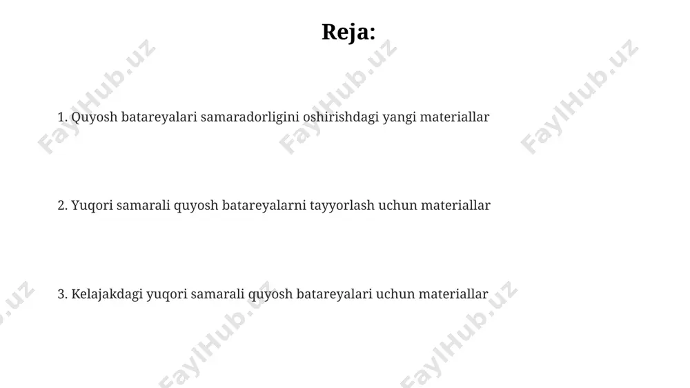 viy materiallar 15% ga yaqin samaradorlikka erishishga imkon beradi, lekin ularning turg'unligi va ishlab chiqarish xarajatlari muhim omil hisoblanadi. quyosh elementlarining samaradorligini 20% dan yuqori ko'tarish uchun perovskitlar kabi yangi materiallar qo'llanilmoqda, ularning optik xossalari va band gap energiyasi mukammal moslashtirilgan. quyosh elementlari materiallarining xususiyatlari va tanlovi quyosh elementi materialining mustahkamligi va chidamliligi, masalan, 20 yildan ortiq ishlash muddati, iqtisodiy jihatdan samarali va uzoq muddatli foydalanishni taʼminlash uchun muhim mezon hisoblanadi. yuqori samarador quyosh xujayralarini yaratishda, materialning optik xususiyatlari, xususan, yuqori yorugʻlik yutilish koeffitsienti (≥95%) va past nur aks etish koeffitsienti muhim ahamiyat kasb etadi. quyosh elementlari uchun material tanlashda, 1.5 ev atrofida band gap energiyasiga ega boʻlgan yarimoʻtkazgichlar, masalan, kremniy (si) yoki kadmiy tellurid (cdte) yuqori samaradorlikka erishish uchun afzal koʻriladi. kristalli kremniy asosidagi quyosh elementlari kristalli kremniy quyosh elementlarining ishlab chiqarish jarayoni murakkab bo'lib, taxminan 10 dan ortiq bosqichdan iborat va yuqori texnologiyalarni talab qiladi. kristall kremniy asosidagi …