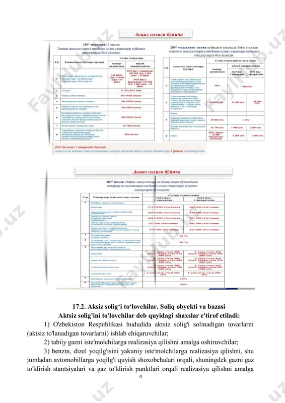 shoxobchalari orqali, shuningdek gazni gaz to'ldirish stantsiyalari va gaz to'ldirish punktlari orqali realizasiya qilishni amalga 5 oshiruvchilar. ushbu bo'limni qo'llash maqsadida yakuniy iste'molchilar deganda o'z ehtiyojlari uchun benzin, dizel yoqilg'isi hamda gaz oluvchi yuridik va jismoniy shaxslar tushuniladi; 4) oddiy shirkat ishtirokchisi bo'lgan, oddiy shirkat shartnomasi doirasida amalga oshiriladigan aktsiz to'lanadigan tovarni ishlab chiqarish bilan bog'liq bo'lgan faoliyat bo'yicha oddiy shirkat ishlarini yuritish vazifasi zimmasiga yuklatilgan ishonchli shaxs; 5) o'zbekiston respublikasining bojxona hududi orqali aktsiz to'lanadigan tovarlarni olib o'tuvchilar. bojxona to'g'risidagi qonunchilikka muvofiq mazkur shaxslar soliq to'lovchilar deb e'tirof etiladi. quyidagilar ham soliq to'lovchilar deb e'tirof etiladi: 1) telekommunikasiya mobil aloqa xizmatlarini (aktsiz to'lanadigan xizmatlarni) ko'rsatadigan o'zbekiston respublikasi yuridik shaxslari; 2) o'zbekiston respublikasida faoliyatni doimiy muassasa orqali amalga oshiradigan, aktsiz solig'i solinadigan tovarlarni ishlab chiqaruvchi yoki shunday tovarlarni olib kirishni amalga oshiruvchi chet el yuridik shaxslari. soliq solish ob'ekti aktsiz solig'i (bundan buyon ushbu bo'limda soliq deb yuritiladi) solinadigan ob'ektlar …