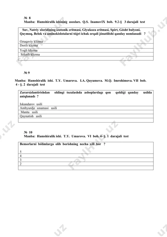 .s. inamov. iii bob. 3.2.- §. 2 darajali test steril bikslar necha kún saqlanilishi mumkin? 2 kun 5 kun 7 kun 10 kun № 18 manba: hamshiralik ishining asosları. q.s. inamov. v bob. 5.2.- §. 2 darajali test ózi harakatlana olmasa, ikkinchi bir insonning yordamiga muxtoj bólsa bemorning bunday ahvoli qanday ataladi ? passiv ahvol aktiv ahvol yarim ahvol jiddiy yotish № 19 manba: hamshiralik ishining asosları. q.s. inamov. qosımshalar. 3.- §. 2 darajali test ózbekston va qoraqalpoǵiston respublikasi toshkent shahri va viloyatlarning oits va oiv infektsiyasiga tekshirilganligi haqidagi sertifikat berish huquqlariga ega va bu sertifikat necha oyga yaroqli dep sanaladi ? 3 oy 5 oy 6 oy 9 oy № 20 manba: hamshiralik ishi asoslari. k.ó. zakirova. ii bob. 2.2-§ 2 darajali test bemorlarga qanday vaziyatlarda sims qóllaniladi ? klizma qilishda, inektsiya qilishda, qulaylik yaratishda gigienik vanna qabul qilishda, klizmada katetr qoyishda, yotoq yaraning oldin olishda oziqlantirish uchun, inektsiya …