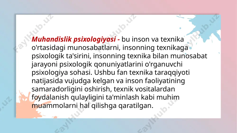 sh sharoitlariga, texnikaga moslashish jarayonini o'rganadi va kasbiy moslashuvni osonlashtirishga qaratilgan tavsiyalar ishlab chiqadi 6 ekstremal sharoitlarda inson faoliyati: ✓favqulodda vaziyatlarda, ekstremal sharoitlarda insonning psixologik holati, uning qaror qabul qilish va harakat qilish qobiliyati o'zgaradi. ✓muhandislik psixologiyasi ushbu sharoitlarda insonning faoliyatini o'rganadi, stressga chidamlilikni oshirish, xatolarni kamaytirish va samarali harakat qilishga o'rgatadi. 7 muhandislik psixologiyasining dolzarbligi: ✓texnologiyaning jadal rivojlanishi, inson va texnika o'rtasidagi munosabatlarning murakkablashuvi muhandislik psixologiyasining ahamiyatini oshiradi. ✓ushbu fan inson faoliyatining samaradorligini oshirishga, texnikaviy xatolarni kamaytirishga, inson salomatligini saqlashga va texnologiyalardan foydalanish qulayligini ta'minlashga xizmat qiladi. 8 muhandislik psixologiyasi sohasidagi tadqiqotlar: ✓insonning kognitiv jarayonlarini (diqqat, xotira, fikrlash) texnik vositalar bilan ishlash jarayonida o'rganish. ✓texnik vositalarning insonning hissiy holatiga ta'sirini aniqlash. ✓inson va mashina o'rtasidagi muloqotni optimallashtirish bo'yicha tavsiyalar ishlab chiqish. ✓ekstremal sharoitlarda insonning psixologik holatini va faoliyatini o'rganish. ✓kasbiy tanlash va kasbiy moslashuv muammolarini hal qilish 9 e'tiboringiz uchun tashakkur 😊💫 10 image1.jpeg image2.png image3.png image4.png image5.png image6.jpeg