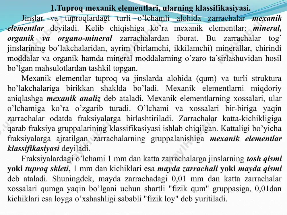 yalar) nomi gruppalari >3 3-1 1-0,5 0,5-0,25 0,25-0,05 0,05-0,01 0,01-0,005 0,005-0,001 0,001-0,0005 0,0005-0,0001 3 mm) asosan turli tog’ jinslarining bo’lakchalaridan iborat bo’lib, tuproqda toshning ko’pligi qator salbiy xossalarga olib keladi. jumladan, qishloq xo’jalik mashinalari va qurollaridan foydalanishni qiyinlashtiradi, ekinlarning unib chiqishi va o’sishiga yomon ta’sir etadi. tuproqning toshlilik darajasi odatda (massasiga nisbatan foiz xisobida) 3 mm dan katta zarrachalar miqdoriga ko’ra quyidagi gruppalarga ajratiladi: toshli bo’lmagan - 0,5 foiz, kam toshli - 0,5-5 foizgacha, o’rtacha toshli 5-10 foiz va kuchli toshloq tuproq 10 foizdan ko’p. o’rta osiyo sharoitida turli darajadagi toshloq tuproqlar tog’li o’lkalarda keng tarqalgan. shag’al shag’al (3-1 mm) birlamchi minerallarning turli bo’lakchalari-dan tashkil topgan. shag’alning tuproqda ko’p bo’lishi yerni ishlashda unchalik xalaqit bermasa-da, lekin unga qator salbiy xossalar - suvni juda tez o’tkazib yuborish, suv ko’taruvchanlik xususiyatining yomonligi, nam sig’imining juda past bo’lishi xarakterli. yuqorida aytilganidek, o’lchami 1 mm dan katta zarracha (tosh va shag’allar) ga tuproq skleti …