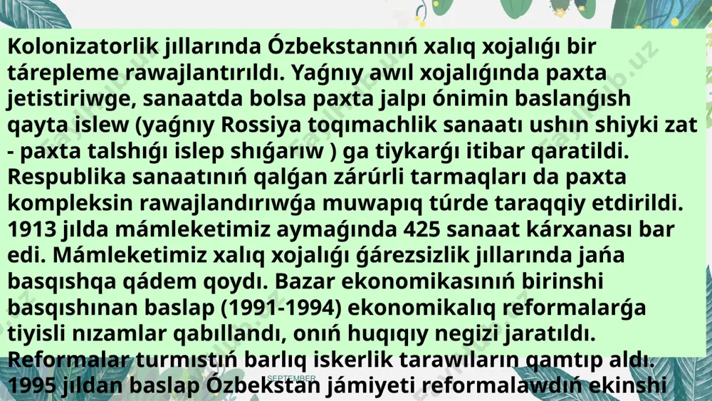 reń analiz etiledi, awıl xojalıǵı, onıń tarmaq dúzilisi qayta kórip shıǵıladı. paxta yakkohokimchiligiga noqat qoyıldı, xalıqtı baslanǵısh zárúriyatın qandırıwǵa xızmet etetuǵın tarmaq (hám birinshi náwbette buіdoy jetistiriw) ga tiykarǵı itibar qaratildi subtitle teaching strategy lorem ipsum dolor sit amet, consectetuer adipiscing elit. aenean commodo ligula eget dolor. subtitle lorem ipsum dolor sit amet, consectetuer adipiscing elit. aenean commodo ligula eget dolor. subtitle lorem ipsum dolor sit amet, consectetuer adipiscing elit. aenean commodo ligula eget dolor. subtitle lorem ipsum dolor sit amet, consectetuer adipiscing elit. aenean commodo ligula eget dolor. subtitle image1.png image2.png image3.png image4.png image5.png image7.jpeg image8.png image9.jpeg image10.jpeg image11.jpeg image12.jpeg image13.jpeg image14.jpeg