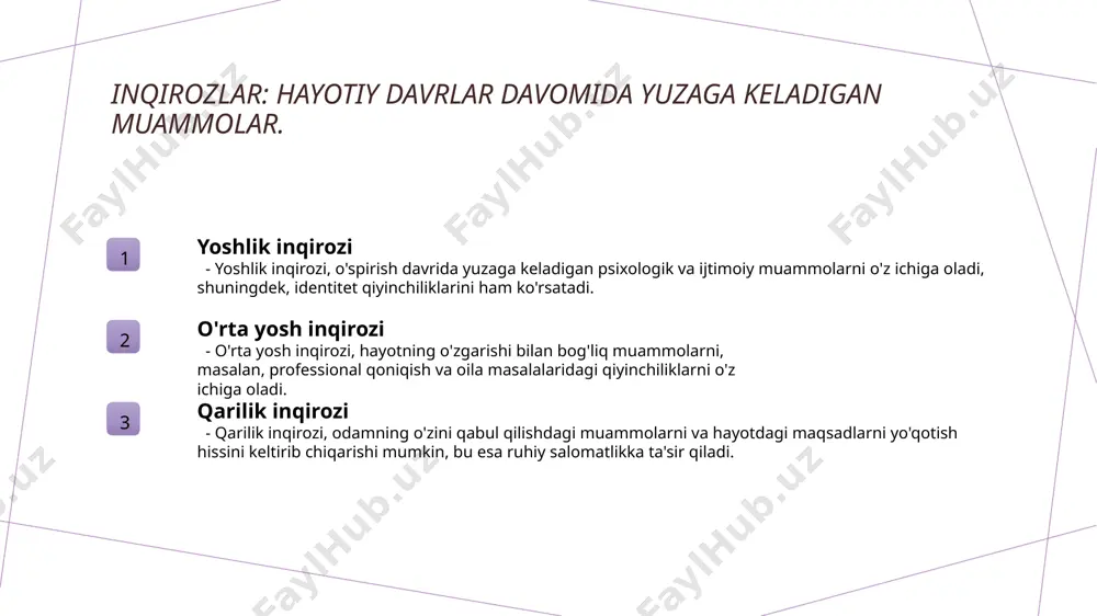tlar va qiyinchiliklar yaratadi, bu esa ularning rivojlanishiga ta'sir qiladi. o'zgarishlarga moslashish insonlar o'zgarishlarga moslashish jarayonida psixologik jihatdan qiyinchiliklarga duch keladi. bu jarayon, ijtimoiy va madaniy kontekstda, shaxsning rivojlanishiga sezilarli ta'sir ko'rsatadi. inson rivojlanishida psixologik inqirozlar va ularning yechimlari. psixologik inqirozlar psixologik inqirozlar inson hayotining turli davrlarida yuzaga keladi. ular o'zgarishlar, yo'qotishlar yoki yangi vaziyatlarga moslashish jarayonida paydo bo'ladi. o'sish bosqichlari hayotiy o'sish davrlarida, masalan, o'smirlik yoki kattalar davrida, psixologik inqirozlar ko'proq uchraydi, chunki bu davrda shaxsiy identifikatsiya shakllanadi. madaniy ta'sir o'zbek madaniyatida psixologik inqirozlar ko'pincha oilaviy va ijtimoiy qadriyatlarga bog'liq. bu inqirozlar g'oyalar va urf-odatlar orqali boshqariladi. yechimlar va qo'llab-quvvatlash psixologik inqirozlarni boshqarish uchun ko'mak tizimlari muhimdir. o'zbekistonda psixologik maslahatlar va guruh terapiyalari keng tarqalgan yechimlar sifatida ishlatiladi. hayotiy bosqichlar va inson rivojlanishidagi madaniy farqlar. 1 hayotiy davrlar o'zbek madaniyatida hayotiy davrlar, bolalik, o'spirinlik va kattalar davrini o'z ichiga oladi. har bir davrning o'ziga xos muammolari va o'zgarishlari mavjud. …