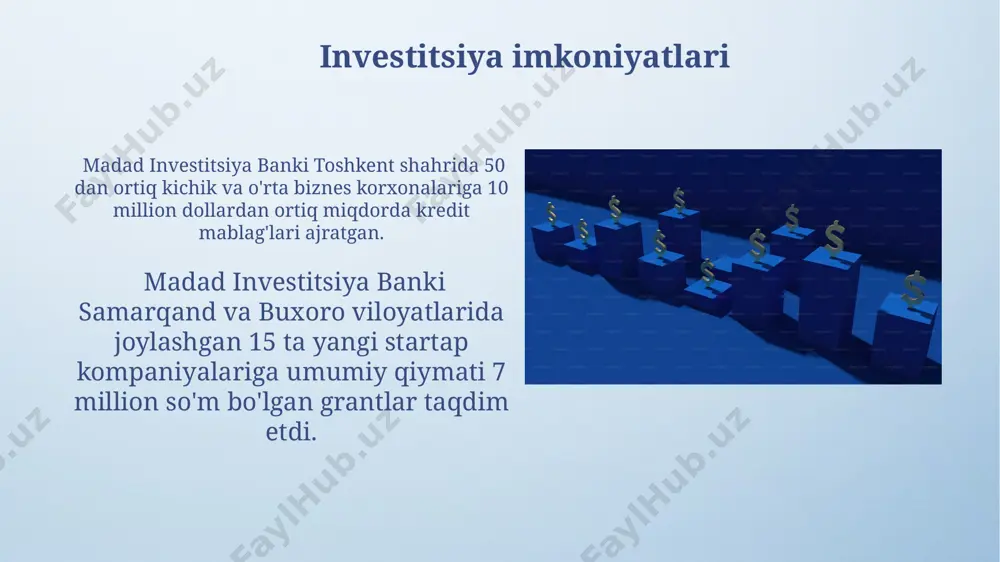 tadi va 2024 yilda o'z faoliyatini kengaytirishni rejalashtirmoqda. bankning moliyaviy ko'rsatkichlari банкнинг 2022 йилдаги фойдаси 50 млрд сўмни ташкил этди, бу унинг капиталининг 10% дан ортиғини ташкил этади ва бу кўрсаткич миллий банк тизимида ўртача кўрсаткичдан юқори. мадад инвестиция банкининг кредит портфели ҳажми 800 млрд сўмдан ошган бўлиб, бунинг 30% дан ортиғи кичик ва ўрта бизнесга берилган кредитларни ташкил этади ва бу кўрсаткич андижон вилоятида юқори. bankning ijtimoiy javobgarligi madad investitsion banki 2023-yil hisobotiga ko'ra, jami xayriya mablag'larining 15% samarqand viloyatidagi ta'lim muassasalarini rivojlantirishga yo'naltirildi, bu esa 5000 dan ortiq talaba va o'qituvchiga foyda keltirdi. bankning "yashil iqtisodiyot" dasturi doirasida farg'ona viloyatida 3 ta quyosh energiyasi loyihasi moliyalashtirildi, bu esa 2000 ga yaqin kishining energiya ta'minotiga ijobiy ta'sir ko'rsatdi. madad investitsiya banki haqida umumiy ma'lumot madad investitsiya banki 2008-yilda toshkent shahrida tashkil topgan bo'lib, o'z faoliyatini kichik va o'rta biznesni moliyalashtirishga qaratadi, 100 dan ortiq xodimlar bilan ishlaydi. madad investitsiya …