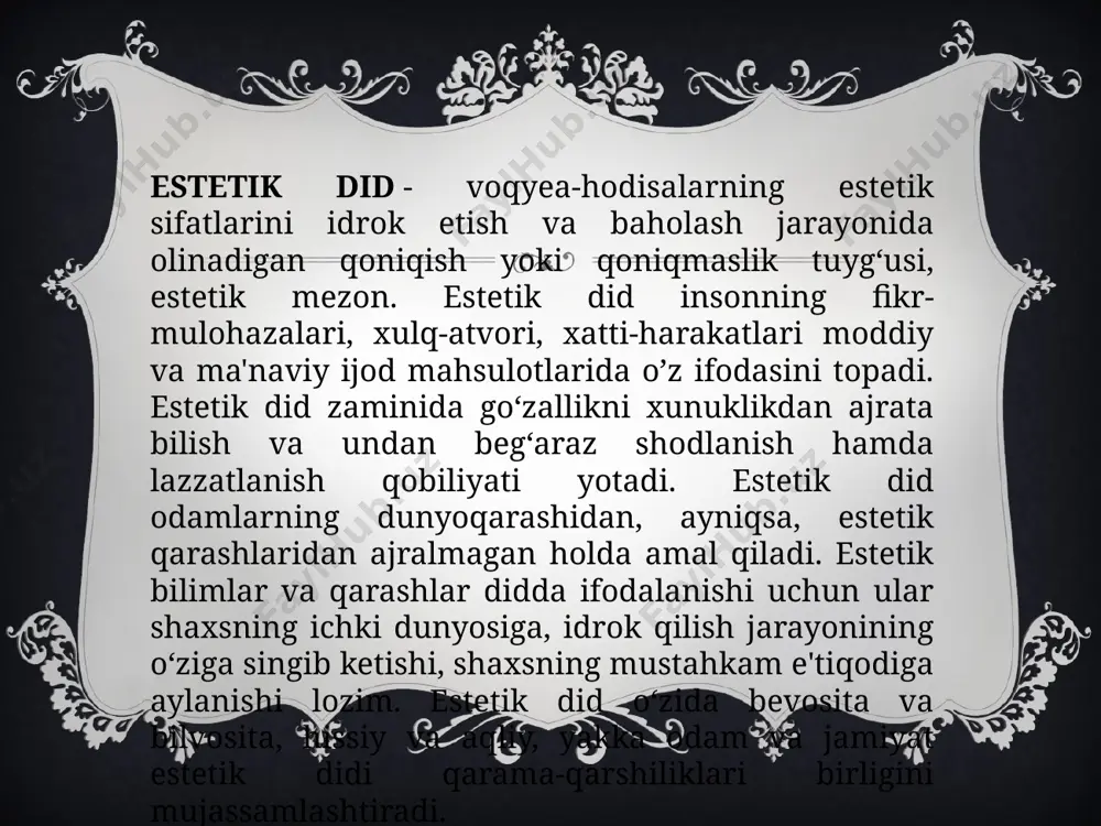 qo‘shilib ketmaydi. badiiy va estetik did o‘rtasidagi tafovug ularning turlicha idrok etish ob'yektlariga ega bo‘lishi bilan bog‘liqdir. ikki did o‘rtasidagi farqni hisobga olish bilan birga, ularni bir-biriga qarama-qarshi qo‘ymaslik lozim. badiiy did hamma vaqt estetik didga asoslanadi, undan kelib chiqadi. estetik ong - olamni estetik anglash, dunyoga inson munosabatining sub’yektiv tomoni. u ijtimoiy ong shakllaridan biri sifatida axloqiy ong, siyosiy ong, huquqiy ong, diniy ong, falsafiy ong kabi ijtimoiy hodisalar bilan bir qatorda turadi. estetik ong ma'naviy-ruhiy voqyea-hodisalar majmui bo‘lib, ular ijtimoiy hayot zaminida vujudga keladigan estetik his, estetik did, fikr, orzu-qarash nazariy tizimini anglatadi. estetik ong axloqiy ong bilan barobar tarzda, ijtimoiy ongning boshqa shakllaridan oldinroq vujudga kelgan. dastlabki paytlarda estetik his-tuig‘u, kechinmalar olamlarning bevosita moddiy va ma'naviy faoliyatiga chirmashib ketgan bo‘lib, tabiatni ijtimoiy taraqqiyyotning bu pallasida estetik his-tuyg‘u, kechinma va mulohazalar vujudga kelishi hamda rivojlanishi moddiy asoslar bilan chambarchas bog‘lanib ketganida yaqqol ko‘zga tashlanadi. tarixiy rivojlanish estetik his-tuyg‘ular …