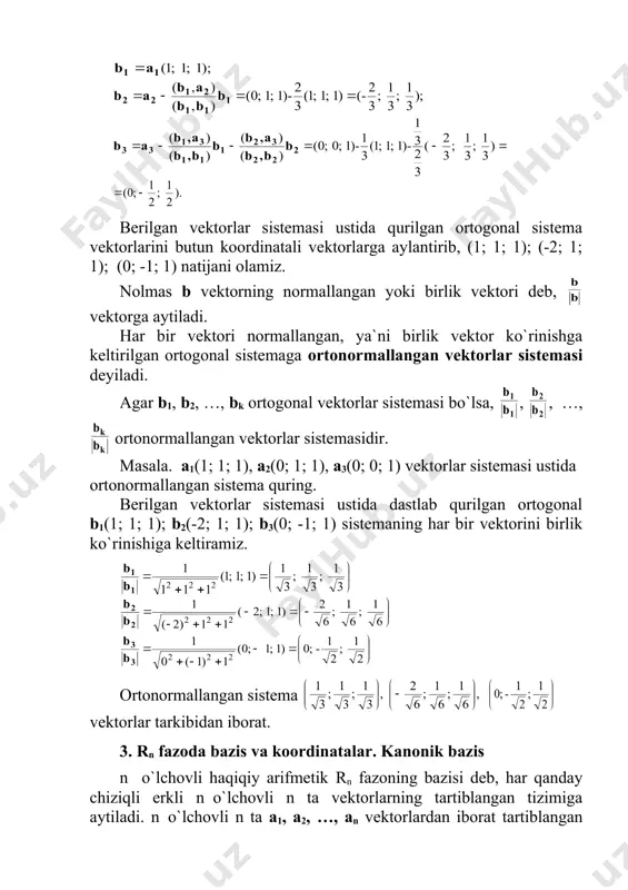 hiziqli erkli n o`lchovli n ta vektorlarning tartiblangan tizimiga aytiladi. n o`lchovli n ta a1, a2, …, an vektorlardan iborat tartiblangan tizim rn fazo bazisi va a uning ixtiyoriy vektori bo`lsin. u holda a vektor tanlangan bazis vektorlari bo`yicha ularning yagona chiziqli kombinatsiyasi a = x1a1 + x2a2 + … + xnan ko`rinishida yoyilishi mumkin. x1, x2, …, xn haqiqiy sonlarga a vektorning a1, a2, …, an bazisdagi koordinatalari deyiladi. xususan, haqiqiy koordinatalar tekisligi (r2) bazisi deb, tekislikda tanlangan ixtiyoriy tartiblangan ikkita nokollinear vektorlarga aytiladi. r2 fazoda tanlangan 0 nuqta va a1, a2 bazis birgalikda tekislikda dekart koordinatalari sistemasi deyiladi (1-rasm). 1-rasm 2-rasm ixtiyoriy aєr2 vektor tanlangan a1, a2 bazis vektorlari bo`yicha yagona usulda yoyilishi mumkin. haqiqiy real uch o`lchovli fazo (r3) bazisi deb, unda ixtiyoriy tan-langan uchta tartiblangan nokomplanar vektorlarga aytiladi. r3 fazoda tanlangan 0 nuqta va a1, a2, a3 bazis birgalikda fazoda dekart koordinatalari sistemasi deyiladi (2-rasm). ixtiyoriy …