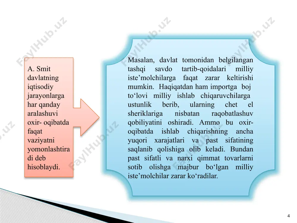 va birovning qaramog‘ida bo‘lganlarni nafaqalar bilan, ishsizlarni ishsizlik nafaqalari bilan ta’minlaydi. ijtimoiy ta’minot dasturlari orqali pensionerlar va qariyalarga moliyaviy yordam ko‘rsatiladi. ikkinchidan, davlat bozorni tartibga solish yo‘li bi­lan, ya’ni talab va taklif ta’sirida o‘rnatiladigan narxlarni o‘zgartirish yo‘li bilan ham daromadlarning taqsimlanishiga ta’sir ko‘rsatadi. me’yordagi oziq-ovqat tovarlariga o‘rnatiladigan imtiyozli narxlar va ish haqining eng kam (minimal) darajasi haqidagi qonunchilik davlat­ning, aholining ma’lum qatlami daromadlarini oshirishga qaratilgan tadbirlarining yana bir misolidir. davlat jamiyat a’zolari o‘rtasida daromadlarni qayta taqsimlashda soliq imtiyozlarini belgilash orqali soliq tizimidan ham keng foydalanadi. 12 resurslarni qayta taqsimlash vazifasi davlat bir qator yo‘llar bilan resurslarning nomutanosib taqsim- lanishi keltirib chiqaradigan oqibatlarni yumshatishga harakat qiladi. birinchidan, iste’molchilarning muayyan tovar va xizmatlarni xarid qilish qobiliyatini oshirish yo‘li bilan ularning talabi kengaytiriladi. masalan, talon tizimi ikkinchidan, davlat taklifni oshirish maqsadida ishlab chiqarishni subsidiyalashi mumkin. subsidiyalar ishlab chiqaruvchilarning zararlarini qisqartiradi va mahsulotlar ishlab chiqarishda resurslarning yetishmasligi muammosini bartaraf qiladi. uchinchidan, davlat ayrim tovarlar …