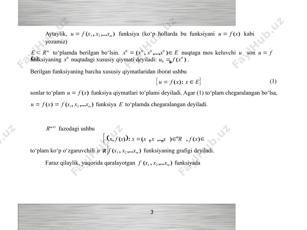 0 , x0 ,...,x0 ) rm nuqta e to‘plamning limit nuqtasi bo‘lsin. 1-teorema (koshi). f (x) funksiya x0 nuqtada limitga ega bo‘lishi uchun   0 son olinganda ham shunday   0 son topilib, nuqtalarda x e  u (x0 ) \ x0  , x  e  u (x0 ) \ x0  f (x )  f (x)   7 tengsizlikning bajarilishi zarur va etarli. ◄ zarurligi. aytaylik, f (x) funksiya x0 nuqtada a limitga ega bo‘lsin: o‘zmu matematik analiz kafedrasi lim f (x)  a . xx0 limit ta’rifiga ko‘ra,   0,   0, x  e  u (x0 ) \ x0 : 2 f (x)  a   bo‘ladi, jumladan x e  (u (x0 ) \ x0 ), x  e  (u (x0 ) \ x0 ) : nuqtalar uchun 2 2 f (x )  a …