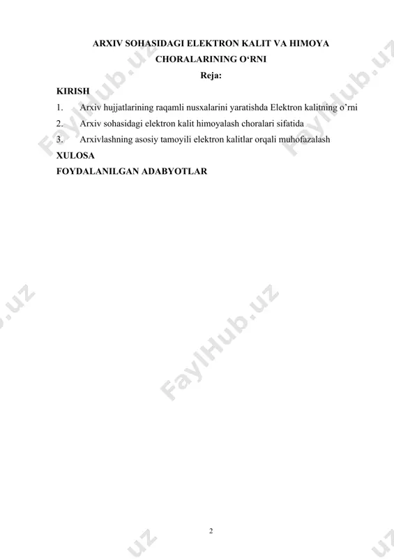 tron arxivlaming o‘ziga xos jihatlaridan biri, bu ishning samaradorligini oshirishidir. hozirda axborot texnologiyalaming jadal rivojlanishi yozuv mashinada yaratilgan elektron hujjatlar hamda yangi elektron hujjat turlari paydo bolmoqda. o‘z navbatida, bu jarayonlar hujjatlar hajmining oshishini keltirib chiqaradi hamda ish yuritishda muammolarga sabab boladi. mazkur muammoning samarali yechimi hujjatlami skanerlash hamda elektron arxivlami yaratish hisoblanadi. aynan elektron arxivlar zamonaviy tashkilotlarda samarali ish yuritishning zaruriy shart-sharoiti bo‘lib qoldi. 1. arxiv hujjatlarining raqamli nusxalarini yaratishda elektron kalitning o’rni arxiv hujjatlari insoniyat tarixining muhim manbalaridir. ular tarixiy voqealar, madaniy meros va ilmiy tadqiqotlar haqida ma'lumotlarni o'z ichiga oladi. biroq, an'anaviy qog'oz hujjatlari vaqt o'tishi bilan zarar ko'rishi, yo'qolishi yoki parchalanishi mumkin. shu sababli, arxiv hujjatlarining raqamli nusxalarini yaratish faoliyati zamon talabiga javob beruvchi muhim jarayon hisoblanadi. ushbu esse arxiv hujjatlarining raqamli nusxalarini yaratish faoliyatini tashkil etishning ahamiyatini, jarayonlarini va muammolarini ko'rib chiqadi. raqamli nusxalar qog'oz hujjatlarning fiziki holatini saqlab qolish imkonini beradi. ular ko'proq joyni …
