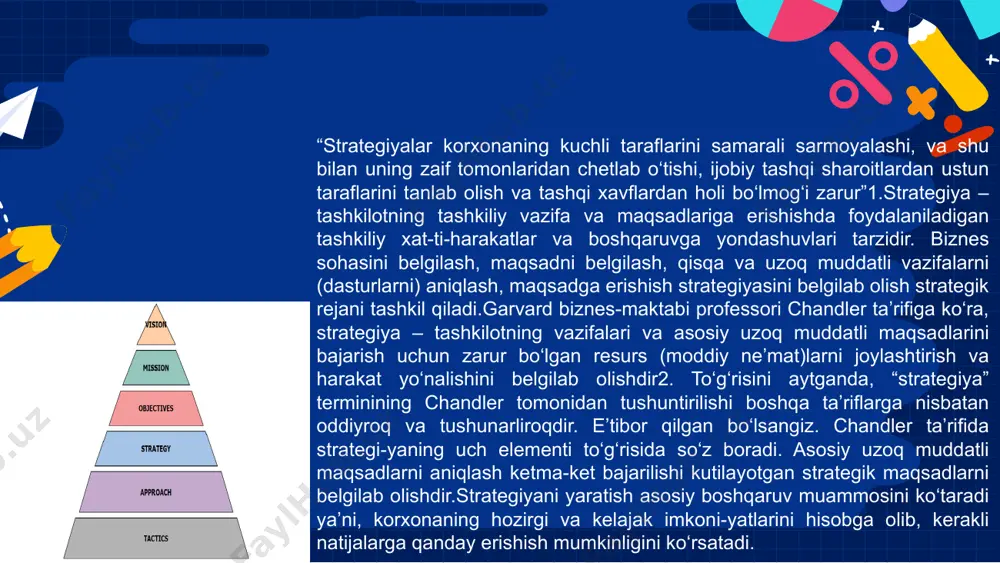 tutilgan maqsadlarga erishish imkoni-yatini beruvchi atrofdagi o‘zgarishlarga aks ta’sir ko‘rsatish qobiliyati ishlab chiqiladi. ikkinchidan, nostrategik boshqaruvda harakat dasturini ishlab chiqish tashkilotning ichki imkoniyatlari va resurslari tahlilidan boshlanadi. bunday yondashuvda tashkilot faqat qanday miqdorda mahsulot ishlab chiqarish va bunda qancha harakat qi lishnigina aniqlashi mumkin. ishlab chiqarish hajmi va xarajatlar miqdori firma tomonidan yaratilgan javob bera olmaydi, qanday miqdorda va narxda mahsulot sotib olinishini bozor aniqlaydi yuqorida aytganimizdek, strategik rejalashtirish korxona boshqaruvi uchun asosni yaratadi, butun korxo-nani birlashtiradi hamda uning barcha darajalarini qamrab oladi. strategik rejalashtirish faqat rahbariyatning vazifasi emas, unga korxonaning barcha darajalaridagi xodimlar jalb etilishi kerak. strategik rejalashtirish-ning asosiy tushunchalari korxona missiyasi (kompaniya vazifasining ta’rifi), qadriyatlari, asosiy kompetensi-yalari (kompaniya nimani yaxshiroq uddalaydi), kelajak tasavvuri (kompaniyaning bir-ikki yil uchun kelajakdagi obrazi), strategik muammolar (maqsadlarga erishishga to‘sqinlik qiladigan tizimli muammolar), strategik mua-mmolarni yengishga qaratilgan maqsadlar vazifalar va ularga erishish yo‘llarini o‘z ichiga oladi. o‘zbekistonda turli mulkchilik shaklidagi, turli soha va tarmoqlarga …
