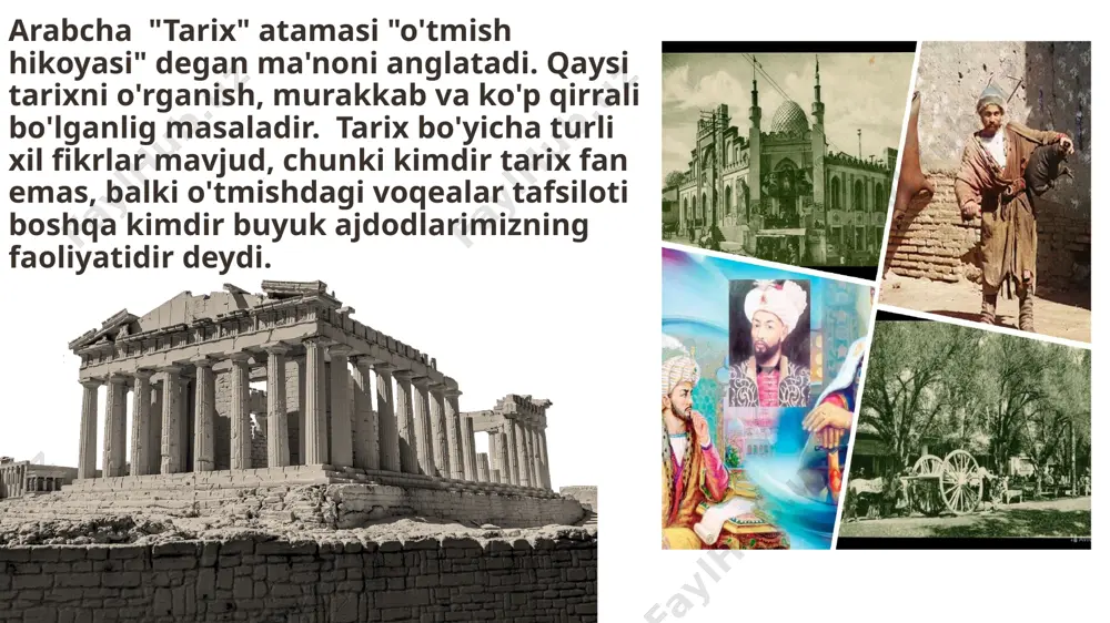 za, temir) foydalanilganligiga qarab davrlashtirish masalalarini hal qiladilar; boshqa tadqiqotchilar - sanoatning rivojlanishiga qarab, axborot texnologiyalari va boshqalar. bugungi kunda tsivilizatsiya yondashuvi davrlashtirishda eng mashhur hisoblanadi. formatsion yondasuv ibtidoiy jamoa quldorlik feodal kapitalistik , kommunistik tsivilizatsion yondasuv neolit ​​sivilizatsiyasi sinflar sivilizatsiyasi antik sivilizatsiya o'rta asr sivilizatsiyasiя , sanoatlashtirishdan oldingi sivilizatsiya industrial (sanoat) sivilizatsiyasi postindustrial tsivilizatsiya o'zbekiston tarixi timeline шаблоны презентаций с сайта presentation-creation.ru qadimgi davr mustamlaka davri o'rta asrlar so’nggi o'rta asrlar sovet davri eng yangi davr xix asrning 2- yarmi inson paydo bo'lishidan to eramizning v asriga qadar v- xvi xvi- xix 1917 1917-1991 1991- h.d. tosh davri – 3-2 mln. yil avvaldan – m.avv. 3 ming yilgacha metall davr bronza davri - m.av. 3 – 1 ming yilgacha temir davri - m.av. 1 ming yildan. – milodiy 1 asrgacha ibtidoiy jamoa davri tarixi tosh davri paleolit ilk - ashel o’rta - muste so’nggi – orinyak, solyutre, madlen mezolit …
