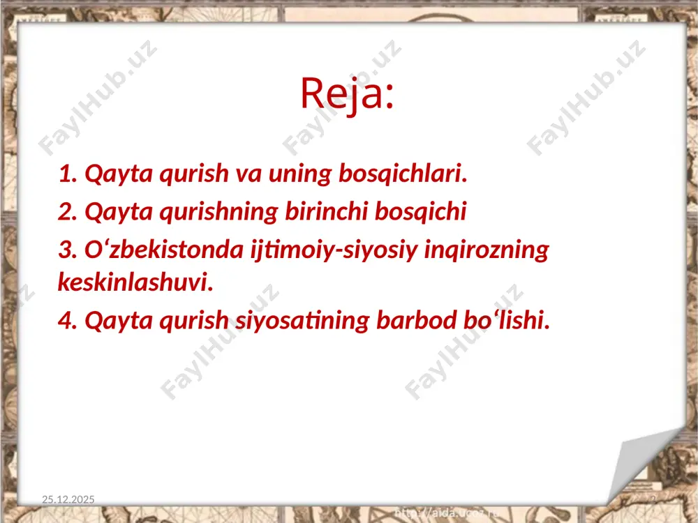 okratik rahbariyat “nomenklatura”ni saqlab qolishdan manfaatdor edi. chunki mamlakatni eskicha usulda boshqarish oson edi. 01.03.2019 10 birinchidan, qayta qurishning aniq va izchil, ilmiy jihatdan puxta ishlab chiqilgan dasturi yo‘q edi. uchinchidan, qayta qurishda milliy respublikalarning suvereniteti haqida gapirilsa ham ittifoqni yangilangan holatda saqlab qolish ko‘zda tutilgan edi. kreml ittifoqdosh respublikalarning sssrdan ajralib, mustaqil davlat tuzishlariga qarshi jon-jahdi bilan qattiq turdi. to‘rtinchidan, m.s.gorbachyov g‘oyasi asosida qayta qurishni amalga oshirish mumkin emas edi. 01.03.2019 11 farg‘ona fojiasi va uning mohiyati 01.03.2019 12 markaz jilovni qo‘ldan bermaslik uchun butun imkoniyatlarni ishga solayotgan bir sharoitda 1989-yil may-iyun oylarida quvasoyda yoshlar o‘rtasida bo‘lgan bezorilik vodiyda millatlararo to‘qnashuvni (mesxeti turklari bilan mahalliy yoshlar o‘rtasida) keltirib chiqardi. 1989-yil 7-8-iyunda qo‘qon shahrida mahalliy aholi qatnashgan tinch namoyish harbiy qism askarlari tomonidan o‘qqa tutilishi natijasida 50 dan ziyod namoyishchilar halok bo‘ldi. 01.03.2019 13 1990-yil iyunda farg‘ona vodiysining o‘sh va o‘zgan shaharlarida (qo‘shni qirg‘iziston hududida) qirg‘izlar bilan o‘zbeklar o‘rtasida etnik …