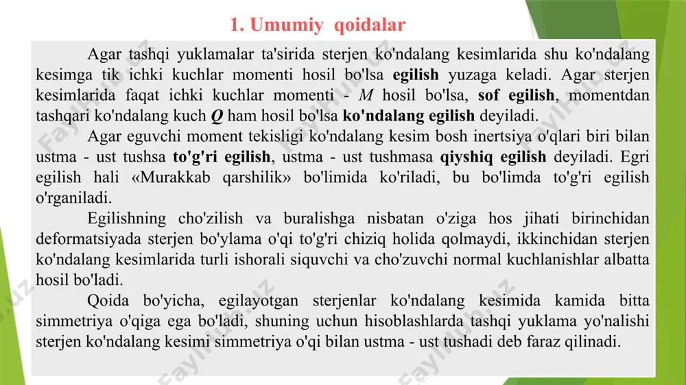 tenglamalari yordamida aniqlash mumkin bo'lsa, bunday to'sinlar statik aniq to'sinlar deb ataladi. tayanch reaksiyalari soni statika muvozanat tenglamalari sonidan ortiq bo'lsa, bunday to'sinlarga statik aniqmas to'sinlar deb ataladi. 1.-masala. erkin uchiga qo'yilgan to'plangan kuch ta'siridagi konsol uchun eguvchi moment va ko'ndalang kuch epyuralari qurilsin (1.12-chizma). yechish. a) to'sinning qistirib mahkamlangan tayanchdagi reaksiya kuchni yuqoriga reaktiv momentini soat millari tomoniga yo'naltiramiz. tayanchlardagi reaksiya kuchlarini statika muvozanat tenglamalaridan aniqlaymiz: konsol uchun reaksiya kuchlarini aniqlash shart emas. ko'ndalang kuch va eguvchi moment analitik ifodalarini erkin uchidan boshlab tuzish mumkin. b) konsolning erkin uchidan z masofadagi kesim uchun ko'ndalang kuch analitik ifodasi (4.2) formulaga asosan tuziladi. erkin uchi bilan tayanch kesim orasidagi masofa 0 oraliqda o'zgaradi: d) konsolning erkin uchidan ixtiyoriy z masofadagi kesim uchun eguvchi moment analitik ifodasi (4.1) formulaga asosan tuziladi: e’tiboringiz uchun rahmat! image14.png image15.jpg image16.png image17.png image18.png image19.png image6.png image20.png image21.png image22.png image23.png image24.png image25.png image26.png image7.png image1.png image4.jpg image10.png …