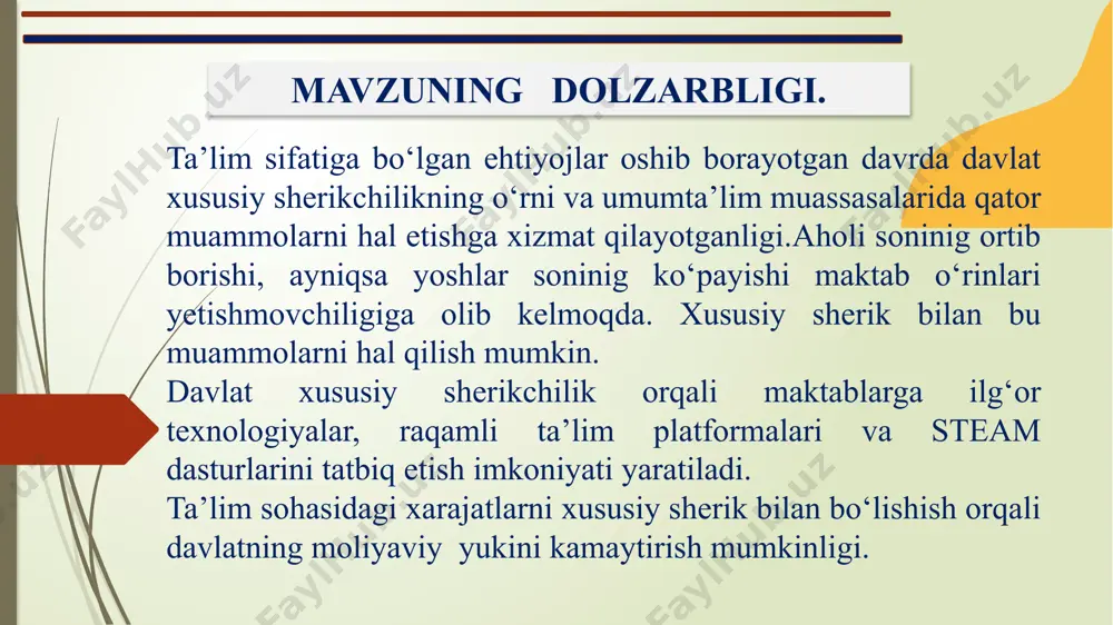 ham davlat tomonidan nazorat qilinadi. yaponiyada ta’lim tizimi davlat va xususiy maktablardan iborat. xususiy maktablar davlat tomonidan litsenziyalanadi va nazorat qilinadi. davlat-xususiy sherikchiligi orqali ta’lim sifatini oshirish, o‘qituvchilar malakasini yaxshilash va zamonaviy texnologiyalarni joriy etish amalga oshiriladi. germaniyada davlat-xususiy sherikchiligi ta’lim sohasida ham qo‘llaniladi. kasb-hunar ta'limida davlat va xususiy sektor hamkorligi orqali o‘quvchilarga amaliy tajriba beriladi. qiyosiy tahlil amaldagi holat taklif oʻzbekistonda davlat xususiy sherikchiligi hozirgi kunda jadal rivojlanmoqda, tajribalar sinov bosqichida, maktab infratuzilmasi davlat tomonidan moliyalashtiriladi, zarur hollarda davlat byudjetidan subsidiya yoki grant ajratilishi mumkin avstraliyada davlat xususiy sherikchiligi keng tarqalgan, xususiy sektor ta’lim infratuzilmasini rivojlantirishda ishtirok etadi. yaponiyada xususiy sektor ham davlat bilan birga ta’limni moliyalashtiradi. germaniyada federal tizim asosida turli darajada moliyalashtiriladi avstraliya tajribasidan kelib chiqib, davlat xususiy sherikchiligi orqali zamonaviy maktablar qurish va ta’lim infratuzilmasini modernizatsiya qilish. yaponiya tajribasidan oʻrganib, xususiy sektor pedagoglarni zamonaviy metodika bo‘yicha tayyorlashga yordam berishi. germaniya tajribasidan oʻrganib, davlat xususiy sherikchiligi orqali …