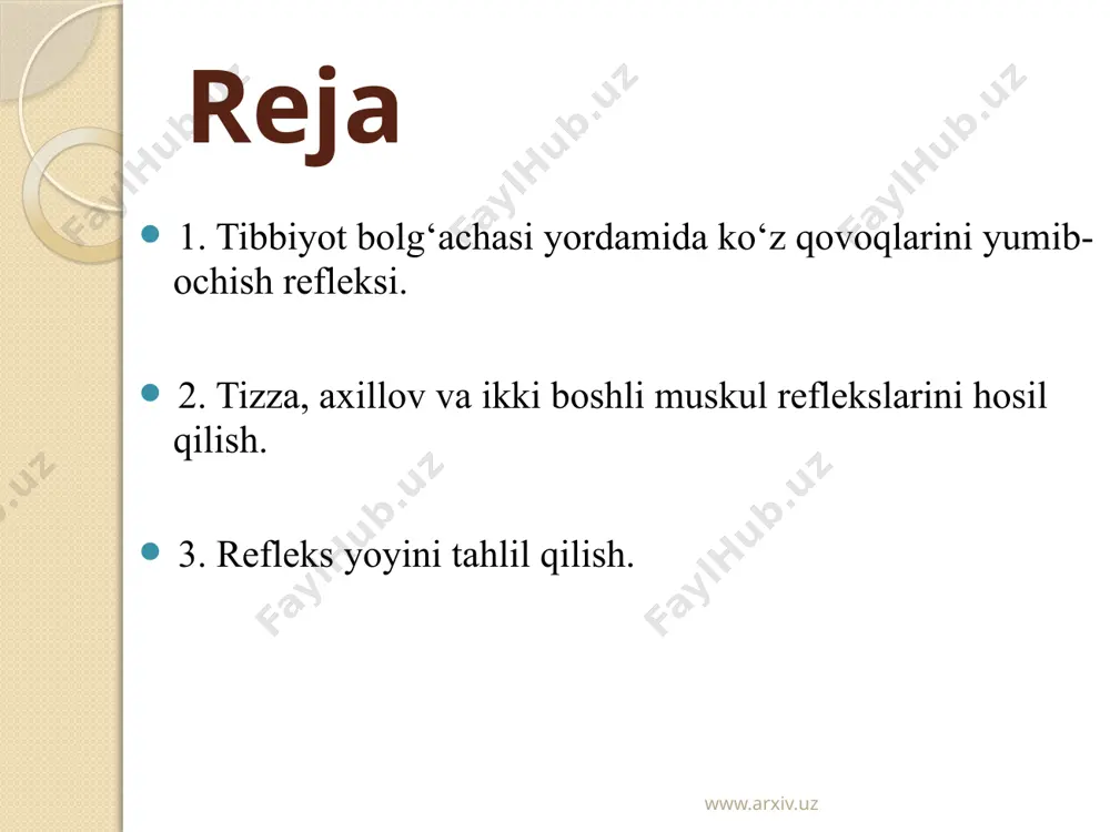 tadqiqot natijalarini o’z ichiga olgan monografiyalar, darsliklar, kullanmalar yozildi. xx asr va uning erishilgan yutuklaridan eng muximi shu bo’ldiki, texnika, elektronika va boshka shunga o’xshash murakkab texnologiyalarni yaratgan inson va uning bevosita kundalik xayoti bilan boglik muammolar ko’payib borishi bilan xarakterlanadi. www.arxiv.uz www.arxiv.uz orqa miyada bog'lanuvchi oddiy reflektor yoyni tizza refleksi misolida ko'rib chiqamiz. nevrologik bolg'acha bilan lig. patellae ga urilsa, ushbu payda va to'rt boshli muskulda joylashgan retseptorlar qo'zg'aladi. qo'zg'alish natijasida paydo bo'lgan sensor impulslar son nervining (n. femoralis) afferent tolalari bo'ylab orqa miyaning segmentar apparati tomon yo'naladi, ya'ni spinal tugun va orqa ildizcha orqali orqa shoxga tushadi. www.arxiv.uz orqa shoxga tushgan ushbu impuls oraliq neyron orqali oldingi shoxga uzatiladi. bu paytda sensor impuls harakat impulsiga aylanadi. oldingi shoxda joylashgan harakat neyroni tolalari orqali harakat impulslari orqa miyadan chiqib ketadi va son nervining efferent tolalari bo'ylab to'rt boshli muskulga yetib boradi. buning natijasida ushbu muskul qisqaradi va oyoq tizza …