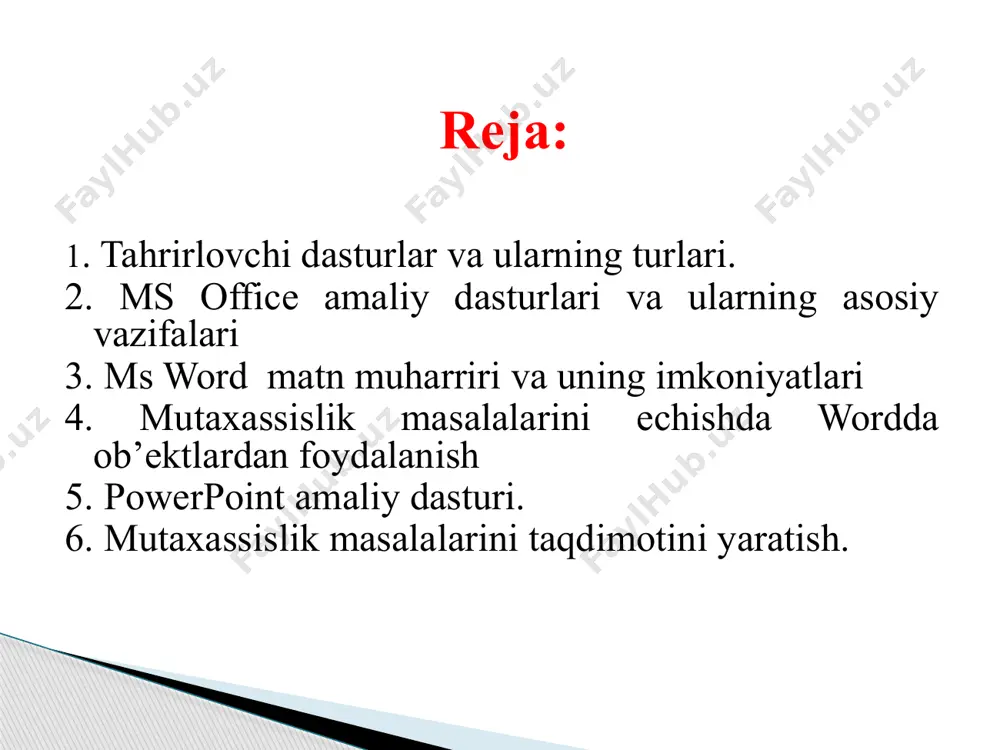 ularning ritmlarini o’rnatish; slaydlar almashish tartibini o’rnatish. slaydlarni har xil holatda namoyish qilish; slaydlarni ko’rinmas holga keltirish; slaydlarga ma’ruza ovozini o’rnatish; slaydlarga namoyish vaqtini ko’rsatuvchi soat o’rnatish. fuguralarga oid yangi slayd tayyorlashda bajariladigan amallar ketma-ketligi bilan tanishib chiqamiz 1. matn muharriri haqida nimani bilasiz? 2. hujjatlarni shakllantirish va uni har xil ko’rinishda tasvirlash maqsadida foydalaniladigan dasturlar qanday ataladi? 3. ms officе paketidagi amaliy dasturlar qanday imkoniyatlarga ega? 4. ms power point qanday dastur ? 5. slayd nima? unda nimalar joylashtiriladi? 6. prezentatsiya (taqdimot) deganda nimani tushunasiz? 7. ms power point dasturi qanday ishga tushiriladi? 8. тaqdimot yaratishning nechta turi bor? ularni tavsiflab bering. savol va topshiriqlar «axborot texnologiyalari» kafedrasi dotsenti raxmankulova barna oktamxanovna e’tiboringiz uchun rahmat! + 998 909747425 e-mail: dilnoza9866@mail.ru 31 image1.jpeg image2.png image3.png image4.png image5.png image6.png image7.png image8.png image9.png image10.png image11.png image12.png image13.png image14.png image15.png image16.png image17.png image18.png image19.png image20.png image21.png image22.png image23.png /docprops/thumbnail.jpeg