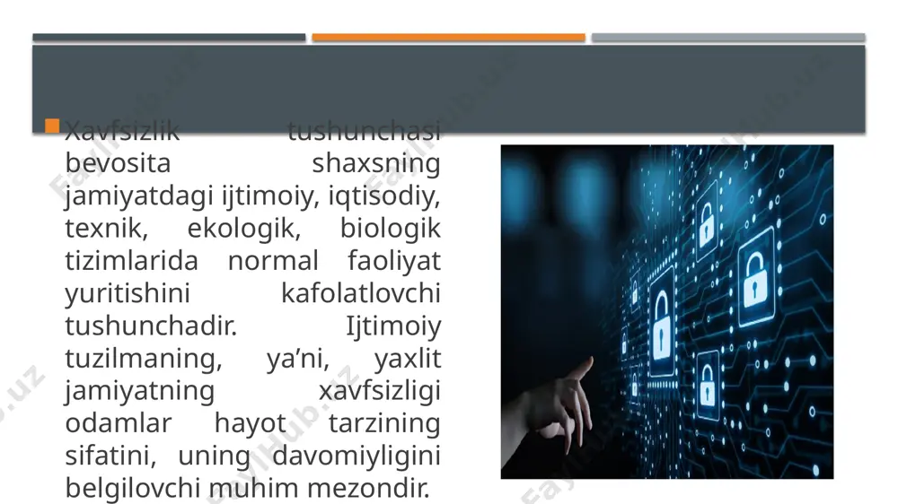murakkab, ziddiyatli vaziyatning yuzaga kelishi bevosita shaxs tafakkurining, inson dunyokarashining keskin uzgarishiga sabab bulmoqda. axborot orqali yuzaga kelgan psixologik mojarolar sharoitida davlat axborot siyosatining vazifasi jamiyatni salbiy axborot, psixologik xurujdan ishonchli saqlash, qat’iy himoya qilish mexanizmini yaratish bilan belgilanadi. axborot-psixologik xavfsizlik bu bevosita siyosiy mojarolarning oldini olish, eng avvalo, insonning o‘zini o‘zi tushunishi va fukarolararo munosabatlarni yuksak ma’naviy-ma’rifiy mezonlar asosida shakllantirish, axborot qurolidan zamonaviy insonparvar tafakkurni, ijodkorlik ruxini, yaratuvchilik kobiliyatini, bunyodkorlik imkoniyatlarini shakllantirishni taqozo qiladi. axborot-psixologik xavfsizlik deb - individual, guruhiy psixologik va omma psixologiyasiga, jamiyatning ijtimoiy, siyosiy, iqtisodiy, ma’naviy, madaniy, ekologik va boshqa sohalariga qaratilgan turli darajalardagi salbiy ta’sir o‘tkazishlardan himoyalanganlik holatini tushunish lozim. bunda axborot-psixologik tahdidlardan himoyalash asosiy maqsad qilib olinishi hamda maqsadga yo‘naltirilganligi bo‘yicha ularni tabaqalashtirish mumkin: - ijtimoiy sohadagi axborot-psixologik tahdidlar; - iqtisodiy sohadagi axborot-psixologik tahdidlar; - siyosiy sohadagi axborot-psixologik tahdidlar; - ma’naviy sohadagi axborot-psixologik tahdidlar; - fan va texnika sohalaridagi axborot-psixologik tahdidlar; - harbiy sohadagi …