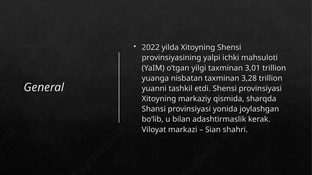umumiy daromadining 6,3% ni tashkil etdi. xorijiy investitsiyalar 2020 yilda ishlab chiqarish sektori o’zlashtirilgan to’g’ridan-to’g’ri xorijiy investitsiyalarning 56,4 foizini tashkil etdi. gonkong yetakchi xorijiy investor bo‘lib, 35,9% ni tashkil etdi. o’zlashtirilgan to’g’ridan-to’g’ri investitsiyalar umumiy hajmidan. turizm xitoy sivilizatsiyasining muhim beshigi bo’lgan shensi juda ko’p tarixiy joylarga ega, ayniqsa qadimgi poytaxt – sian shahrida. shu bilan birga terra‑kota armiyasi (kāngīngīngīngī) 8-dunyo mo‘jizasi sifatida juda maqtovga sazovor, shensidagi boshqa mashhur joylarga lantian maymun odami kiradi shīngīngī), sian o’rmoni (shīngīngī), yovvoyi g’ozlar pagodasi (kīngīngī) va huaqing hovuzi (kāngīngī). bundan tashqari, ulug’vorlar ham bor xuashan tog’i joylashgan shensidagi landshaftlar. 2021 yilda shensi 391 million (+9,4%) mahalliy sayyohni qabul qildi, ularning umumiy ichki turizm daromadi 343,4 milliard rmb (+24,3%) tashkil etdi. eksport eksport 2022 yilda xitoyning shensi provinsiyasi 45,3 milliard dollar eksport qildi va bu xitoydagi 31 ta eksportchi orasida 19-oʻrinni egalladi. 2022-yilda shensi provinsiyasining asosiy eksporti elektron integral mikrosxemalar bo‘ldi: xotiralar (17,7 milliard dollar), …