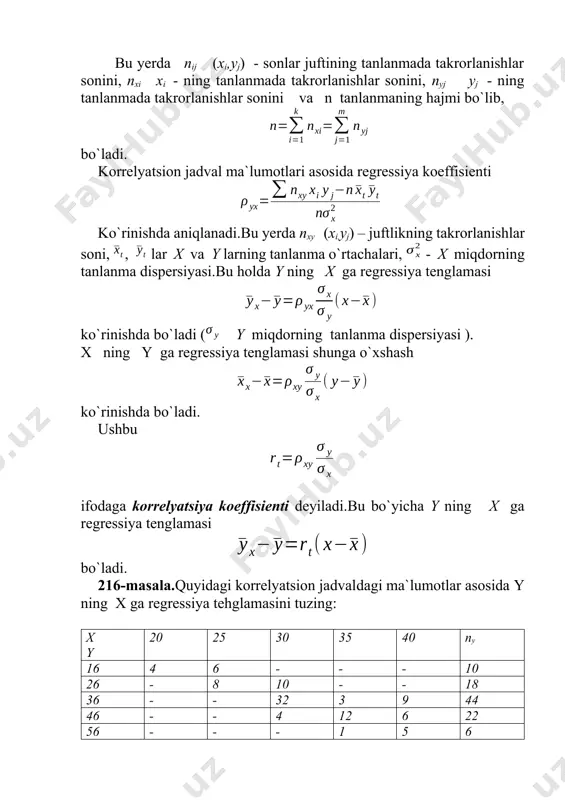 ga regressiya tehglamasidir. 217-masala.ipakchilik ilmiy tekshirish institutidan olingan 100 dona pillaning x kengligi va y uzunligi berilgan. x va y lar orasidagi korrelyatsiya koeffisientini toping. x y 1,55 1,60 1,65 1,70 1,75 1,80 1,85 ny 2,95 1 1 1 - - - - 3 3,00 - - - - - - - - 3,05 - - 1 - - - - 1 3,10 - - - - - - - - 3,15 1 1 - - 1 - - 3 3,20 3 2 2 - - - - 7 3,25 1 2 2 3 - - - 8 3,30 3 5 3 2 - 1 3 17 3,35 - 3 6 3 4 - 1 17 3,40 3 1 3 5 3 1 1 17 3,45 - 2 2 1 4 1 1 11 3,50 - - 1 - 3 1 - 5 3,55 - - 1 1 - - …