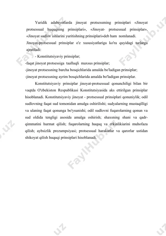 a bosqichlari, shakllari va institutlarining tuzilishini belgilaydi, shuningdek ularning oldida turgan vazifalarning bajarilishini ta'minlaydi. prinsiplar jinoyat protsessining mohiyati va mazmunini ifoda etadi, uning eng muhim xususiyatlari va sifat jihatlarini, protsessual tartibga solish predmeti va usulini tavsiflaydi. umumiy me'yorlar bo'lmish prinsiplar amaliy faoliyat borasida yuzaga keladigan barcha masalalarming hal etilishini ta'minlaydi. protsessual huquqda ayrim me'yorlar o'rtasida muammolar yoki ziddiyatlar vujudga kelsa, prinsiplar vujudga kelgan qiyinchiliklarni hal etish vositasi bo'lib xizmat qiladi. prinsiplar o'z mohiyatiga ko'ra qat'iy buyruq, hukm yurgizadigan amirona xususiyatga ega bo'lib, ular davlat tomonidan ijrosi ta'minlanadigan, umummajburiy bo'lgan ko'rsatmalardan iborat. prinsiplar mafkuraviy kategoriya sifatida ijtimoiy-siyosiy g'oyalar ta'sirida shakllanadi, lekin protsessual faoliyatni va bu sohada vujudga keladigan huquqiy munosabatlarni g'oyalarning o'zi emas, balki ularga asoslangan prinsip-me'yorlar tartibga soladi. huquq me'yorlarida mustahkamlanmagan g'oyalar jinoyat protsessining prinsiplari hisoblanmaydi, balkt huquqiy ongning asoslari, ilmiy xulosalari bo'lib qoladi. prinsiplarning me'yorligi ularning muhim sifati bo'lib, u davlat-huquqiy faoliyatning alohida turi bo'lmish jinoyat protsessi tablatining ajralmas …