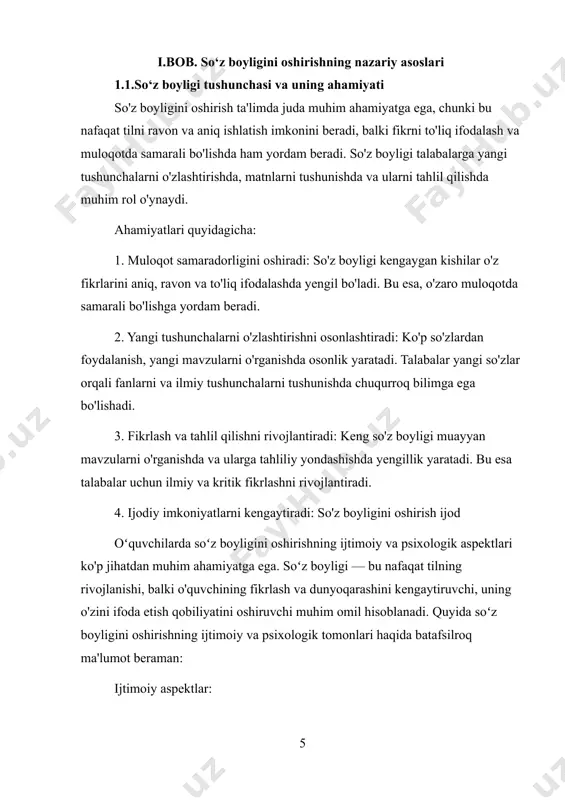 soʻz boyligini oshirish o'quvchilarning mantiqiy fikrlash, tahlil qilish va abstrakt fikrlash qobiliyatlarini rivojlantiradi. ko'proq so'z va iboralarni bilish, murakkab fikrlarni tashkil etish va ularni mantiqiy tartibda bayon qilishga yordam beradi. bu psixologik jihatdan o'z fikrlarini yanada aniq va tushunarli tarzda ifodalash imkonini beradi. 3. til va emotsional intellekt: tilni kengaytirish, o'quvchilarga o'z hissiyotlarini va boshqalarning hissiyotlarini yaxshiroq tushunish va ifodalash imkonini beradi. bu, o'z navbatida, emotsional intellektni oshiradi, ya'ni o'quvchilar o'zaro munosabatlarda va emotsional holatlarni boshqarishda ko'proq muvaffaqiyat qozonadilar. 4. ijtimoiy tashvish va stressni kamaytirish: o'quvchilar so'z boyligini oshirish orqali o'zlarini jamiyatda yaxshiroq ifoda etish imkoniga ega bo'lishadi. bu esa ijtimoiy tashvish, stress va beqarorlikni kamaytiradi. o'z fikrlarini aniq va oson ifodalay olish, o'quvchining ruhiy holatini yaxshilaydi va o'ziga bo'lgan ishonchini oshiradi. 5. yaratish va ijodkorlik: yangi so'zlar va iboralarni o'rganish, o'quvchilarga yaratish va ijodkorlik uchun keng imkoniyatlar yaratadi. bu, o'z navbatida, o'quvchining kreativ fikrlashini rivojlantiradi va yangi g'oyalar va …