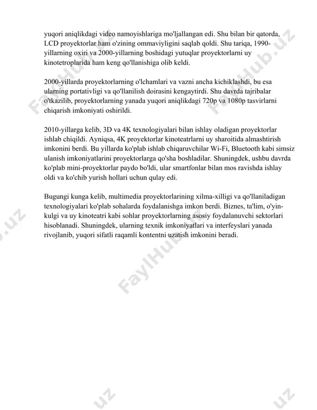 roq ko‘rsatishga qodir. bu turdagi proyektorlar ko‘p hollarda kinoteatrlar va yuqori sifatli ta’lim maqsadlarida qo‘llaniladi. ko‘pchilik lcos proyektorlar to‘liq hd (1920x1080 piksellik) va undan yuqori aniqlikda ishlaydi. lcos proyektorlarining narxi yuqori bo‘lishi mumkin, lekin ular yuqori sifatli tasvirlar va keng rang yelpazesi taqdim etadi. to‘rtinchi tur: **led proyektorlar**. led (light emitting diode) texnologiyasiga asoslangan proyektorlar boshqa turdagi yorug‘lik manbalariga qaraganda bardoshlilik va uzoq xizmat qilish muddatini ta’minlaydi. led lampalar ko‘pincha 20,000 dan 30,000 soatgacha foydalanish imkonini beradi, bu esa umumiy xarajatlarni kamaytirishga yordam beradi. led proyektorlarning muhim xususiyati ular issiqlikni kamroq tarqatib, ovoz chiqaruvchi ventilyatorlar ishlatishni talab etmaydi. ammo, bu turdagi proyektorlar odatda kichik aniqlikda va pastroq yorqinlikda bo‘ladi, shuning uchun ularni odatda uyda foydalaniladigan proyektorlar sifatida tavsiya etiladi. beshinchi tur: **laser proyektorlar**. laser texnologiyasidan foydalanuvchi proyektorlar an'anaviy lampalarni o‘rnini bosadi va yuqori sifatli tasvirlarni uzoq vaqt davomida barqaror taqdim etadi. laser proyektorlar yuqori yorqinlik (3000 dan 7000 ansi lyumen …