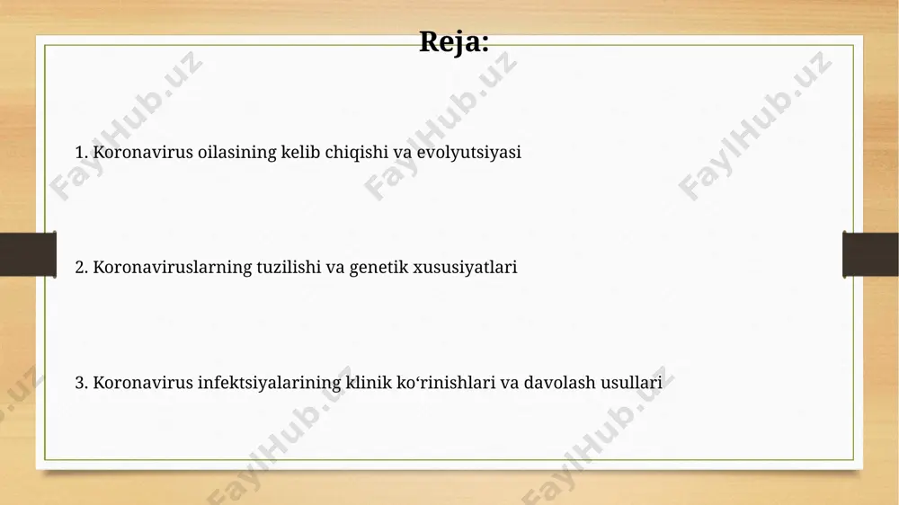 test) natijani 15-30 minut ichida beradi, ammo sezuvchanligi rt-pcr ga nisbatan pastroq, ya'ni noto'g'ri salbiy natijalar ko'proq uchraydi. serologik testlar qondagi antikorlarni aniqlaydi, ammo infektsiyaning dastlabki bosqichlarida aniqlash darajasi pastroq boʻlishi mumkin, odatda igm va igg antikorlarini tekshiradi. koronavirusdan himoyalanish choralari ommaviy joylarda 1,5 metrdan kam bo'lmagan ijtimoiy masofani saqlash, ya'ni respirator kasalliklari tarqalishining oldini olishda muhim ahamiyatga ega. vaktsinatsiya – virusning og'ir kechishi va o'lim xavfini 95% gacha kamaytiradigan isbotlangan profilaktika usuli hisoblanadi. koronavirusga qarshi emlash vaktsinatsiya kampaniyalari natijasida millionlab odamlar koronavirus infektsiyasidan himoyalangan bo'lib, kasalxonaga yotqizish va o'lim holatlarining sezilarli darajada kamayishiga olib keldi. pfizer-biontech va moderna kabi mrna vaktsinalari, virusning rnt qismini ishlatib, immun tizimini virusga qarshi antitellar ishlab chiqarishga o'rgatadi, bu esa 2 dozadan keyin yuqori darajadagi himoya ta'minlaydi. koronavirus tuzilishi koronavirusning genomida taxminan 30 000 nukleotid juftligi boʻlib, bu rna viruslari uchun nisbatan katta hajmdagi genetik materialdir. koronavirusning replikatsiya jarayoni mezbon hujayraning rnkga bogʻliq rnk …
