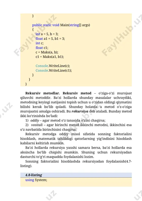 f(int n) { if (n == 0) return 1; else return n * f(n - 1); } public static void main() { int n = 10; long s; s = f(n); console.writeline(s); } } } rekursiv metodlarni ishlatganda uning to’xtash sharti bo’lishi albatta bo’lishi kerak. aks holda metod o’z-o’ziga cheksiz marta murojaat qilib turadi. buning natijasida esa dasturda xatolik yuzaga keladi. rekursiv metodni ishlatish qanchalik sodda ko’ringani bilan, ba’zi masalalarda u to’g’ri usul emas, shuning uchun ko’pincha dasturchilar bundan foydalanishmaydi. ammo shunday masalalar uchraydiki, uni rekursiyadan boshqa yo’l bilan ishlab bo’lmaydi. masalan, grammatik tahlil masalalari. shuning uchun ham rekursiyadan kerakli vaqtda foydalanish zarur.