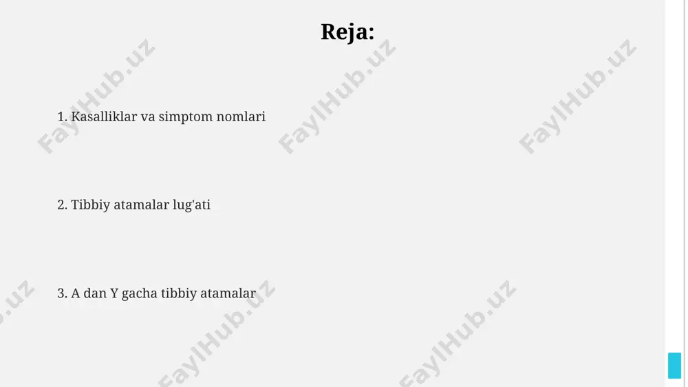aqiqasiga 60 urishdan kam bo'lishi, yurak kasalliklari, elektrolitlar muvozanati buzilishi yoki ba'zi dorilarning yon ta'siri natijasida yuz berishi mumkin. buyrak etishmovchiligi, buyraklarning 50% dan ortiq shikastlanishi bilan tavsiflanadigan holat, dializ yoki buyrak transplantatsiyasi kabi davolash usullarini talab qilishi mumkin. bakterial infeksiyalar, masalan, streptococcus yoki staphylococcus kabi 30 dan ortiq turdagi bakteriyalar tomonidan kelib chiqadigan infektsiyalar, antibiotiklar yordamida davolanadi. e elektrokardiogramma (ekg) yurak faoliyatini kuzatish uchun ishlatiladigan diagnostika usuli bo'lib, yurakning elektr faolligini grafik shaklida aks ettiradi va 12 ta elektrod yordamida yozib olinadi. ektopik homiladorlik, bachadon tashqarisidagi homiladorlikning 1 dan 2% gacha bo'lgan holatini tashkil etadi va tuhmat naychasida rivojlanadigan homiladorlikning 95% ini tashkil qiladi. emboliya, qon tomirlarini to'sib qo'yadigan qon quyqalari yoki boshqa moddalar bilan bog'liq tibbiy holat bo'lib, o'pka emboliyasi o'limga olib kelishi mumkin bo'lgan jiddiy holat hisoblanadi. j jejunum, ingichka ichakning o'rta qismi hisoblanib, taxminan 2,5 metr uzunlikka ega va oziq-ovqat hazm qilish jarayonida muhim rol o'ynaydi. …