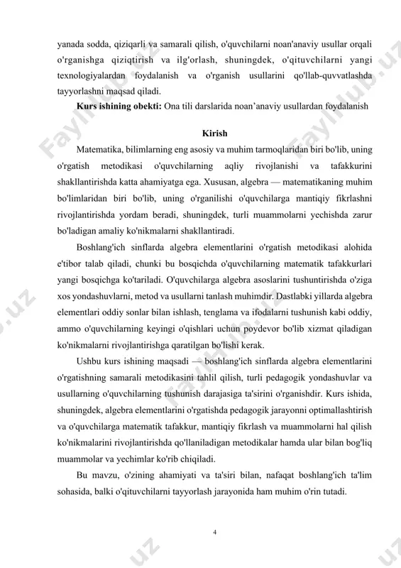 ganadigan obyekti fazoviy shakllar va ular orasidagi miqdoriy munosabatlardan iboratdir. maktab matematika kursining maqsadi o‘quvchilarga ularning psixologik xususiyatlarini hisobga olgan holda matematik bilimlar tizimini berishdan iboratdir. bu matematik bilimlar tizimi ma’lum usullari (metodika) orqali o‘quvchilarga yetkaziladi. metodika grekcha so‘z bo‘lib , “metod’’ degani “yo‘l’’ ma’nosini anglatadi. matematika metodikasi pedagogika fanlari tizimiga kiruvchi pedagogika fanining tarmog‘i bo‘lib, jamiyat tomonidan qo‘yilgan o‘qitish qonuniyatlarini matematika rivojining ma’lum bosqichida tatbiq qiladi. o‘qitishda yangi maqsadlarning qo‘yilishi matematika o‘qitish mazmunining tubdan o‘zgarishiga olib keladi. boshlang‘ich sinf o‘quvchilariga matematikadan samarali ta’lim berilishi uchun o‘qituvchi boshlang‘ich sinflarda matematika o‘qitish metodikasini egallab, chuqur o‘zlashtirmog‘i zarur. matematika boshlang‘ich ta’lim metodikasining predmeti quyidagilardan iborat: 1. matematika o‘qitishdan ko‘zda tutilgan maqsadni asoslash(nima uchun matematika o‘qitiladi, o‘rgatiladi). 2. matematika o‘qitish mazmunini ilmiy ishlab chiqish (nimani o‘rgatish) bir tizimga keltirilgan bilimlar darajasini o‘quvchilarning yosh xususiyatlariga mos keladigan qilib qanday taqsimlansa , fan asoslarini o‘rganishda izchillik ta’minlanadi, o‘quv ishlariga o‘quv mashg‘ulotlari beradigan yuklama bartaraf qilinadi, …