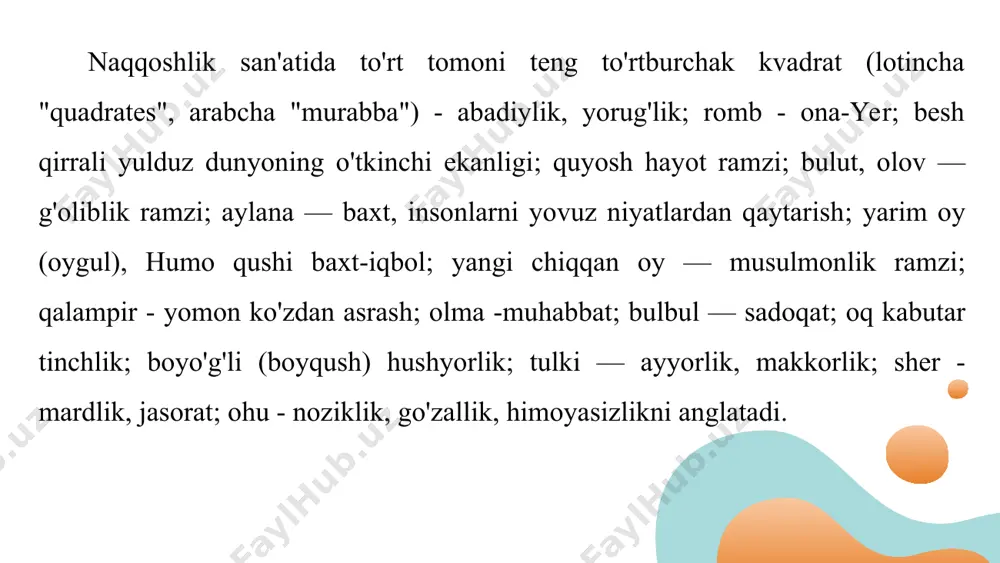 ash hollari ham uchraydi. saidmahmud norqo'ziyev, abdug'ani abdullayev, asqar akbarov, qodirjon haydarov kabi ustalar nafaqat o'zbekistonda, balki chet mamlakatlarda ham o'zlarining noyob san'atlarini namoyon etganlar. buxorolik usta shirin murodov, samarqandlik usta quli jalilov, usta shamsiddin jalilovlar mamlakatimizdagi ko'plab madaniy-ma'rifiy binolar qurilishida ishtirok etgan mashhur naqqosh, ganch va yog'och o 'ymakorlaridandir. usta shirin murodov (28-rasm) (1879 -1957). buxoro shahrida ganch o'ymakori ustasi oilasida tug'ilgan. o'zbekiston fanlar akademiyasining faxriy a'zosi (1943), davlat mukofotining laureati (1948), hir qancha orden va medallar bilan taqdirlangan. buxoro, samarqanddagi qadimiy me'moriy obidalarni ta'mirlashda, buxorodagi sitorai mohi-xosa, toshkentdagi muqimiy nomidagi musiqali drama teatri, navoiy nomidagi davlat opera va balet akademik katta teatri binosining qurilishida ishtirok etgan. 28-rasm. ganchkor usta shirin murodov. qodirjon haydarov (29-rasm) (1899-1983). qo'qon shahrida tug'ilgan. o'zbekiston xalq rassomi, davlat mukofotlarining laureati. asarlari o'zbekiston tarixi muzeyida, xalq amaliy san'ati muzeyida saqlanadi. u tarix muzeyi, o'zbekiston badiiy akademiyasining ko'rgazma zalining o'ymakor eshiklarini ishlagan. 29-rasm. usta yog'och o'ymakori …