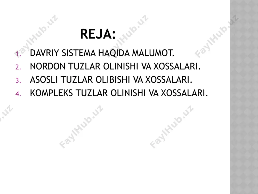 qilsa ham nordon tuz hosil qilinadi: naoh + co2 = nahco3 ba(oh)2 + co2 = ba(hco3)2 olinish usullari: 4.ko’p asosli kislotalarning o’rta tuzlariga kuchli kislota tasir etganda ham nordon tuzlar hosil bo’ladi : ca3(po4)2 + h2so4 = 2cahpo4 + caso4 2cahpo4 + h2so4 = ca(h2po4)2 + caso4 ca(h2po4)2 + h2so4 = 2h3po4 + caso4 5.asoslarga kislotali oksidlarning tasirida ham hosil bo’ladi: co2 + naoh = nahco3 co2 + koh = khco3 nordon tuzlar xossalari: 1.nordon tuzlar suvdagi eritmalarida ikki bosqichda disotsilanadi: naнco3 = na* + hco3 2. nordon tuzlardagi vodorod metal atomlariga o‘rin bera oladi, natijada normal tuzlar hosil bo‘ladi: naнco3 + naoн = na2co3 + h2o naнso 4 + naoн = na2so4 + h2o nordon tuzlar xossalari: 3.nordon tuzlar qizdirilganda o‘zidan suv ajratib chiqaradi va normal tuzga o‘tadi: ca(hco3)2 = caco3 + h2o + co2 (qizdirib) mg(hco3)2 = mgco3 + h2o + co2 (qizdirib) asosli tuzlar tarkibida metall atomi, …