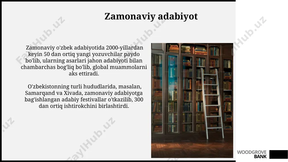 ta turli muallifning kitoblarini o'qib, taqqoslash orqali o'zingizga mos kitobni topishingiz mumkin. kitob tanlashda 5 yulduzli reytingga ega bo'lgan 100 dan ortiq sharhlarga ega kitoblarni tanlash, masalan, amazon yoki goodreads saytlaridagi kitoblar ro'yxatini o'rganish foydali bo'ladi. woodgrove bank e'tiboringiz uchun rahmat @taqdimot_robot woodgrove bank image1.jpg image2.jpg image3.jpg image4.jpg image5.jpg image6.jpg image7.jpg image8.jpg image9.jpg image10.jpg image11.jpg image12.jpg image13.jpg image14.jpg