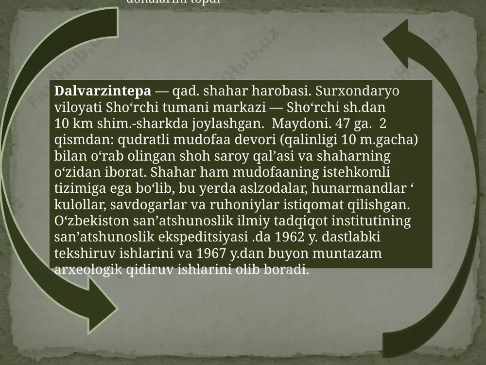 titutining prof. kyudzo kato rahbarligidagi ekspeditsiyasi qamkorlikda ish olib borishmoqda. markaziy osiyo buddaviylik tarixini oʻrganish, buddaviylik personajlari ikonografiyasi, shaqarsozlik jarayonining oʻziga xos jihatlari va qonuniyatlari, davlatchilikning shakllanishi, buyuk ipak yoʻli izlari, ku-shonlar davridagi diniy eʼtiqodlarning oʻzaro taʼsiri va ular baqtriya-tohariston sanʼatida aks ettirilishi yapon va oʻzbek olimlari oldidagi eng dolzarb ilmiy muammolar qatorida turadi. kushonlar davriga oid dalvarzintepadan topilgan haykallar ilk kushon davriga oid hozirgi holati hozirgi kunda dalvarzintepa arxeologik yodgorligi sifatida saqlanib qolgan. 2023 yilda madaniy meros agentligi tomonidan ushbu yodgorlikni ochiq osmon ostidagi muzeyga aylantirish rejalashtirilgan. bu loyiha doirasida yodgorlikni konservatsiyalash, restavratsiya qilish va sayyohlik obyektiga aylantirish ishlari olib borilmoqda. dalvarzintepa xazinasi . shoʻrchi — surxondaryo viloyati shoʻrchi tumanidagi shahar (1976-yildan), tuman markazi. transport yoʻli stansiyasi. termizdan 122 km shim.sharqda, surxon vohasining oʻrta qismidagi tekislikda joylashgan. shoʻrchi yonidan surxondaryodan suv oladygan qumqoʻrgʻon kanali oqib oʻtadi. aholisi 231 430 ming kishi (2024). 5—8 va 9—12-asrlarda shoʻrchi hududida barangi qishlogʻi …