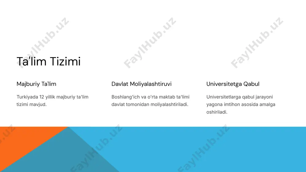 satdi. 8 chet ellik talabalar uchun imkoniyatlar stipendiya turkiya xorijiy talabalar uchun stipendiya dasturlari taklif etadi. madaniy almashish xorijiy talabalar madaniy almashish dasturlari orqali o'z bilim va madaniyatlarini baham ko'rishlari mumkin. 9 xulosa va kelajak turkiya ta'lim tizimi o'zining mustahkam asoslari va zamonaviy taraqqiyot yo'lida davom etmoqda. kelajakda ta'lim tizimini yanada takomillashtirish va o'zgaruvchan dunyoda raqobatbardosh qilish maqsadlari belgilangan. 10 e’tiboringiz uchun rahmat!!! image3.png image4.png image5.png image6.png image7.png image8.png image9.png image10.png image11.png image12.png image13.png image14.png image15.png image16.png image17.png image18.png image19.png image20.png
