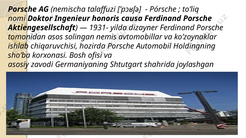 r. volkswagen birliklari asta-sekin oʼzlariga almashtirildi. masalan, 356 a seriyali ishlab chiqarish davrida ( 1955-1959 ) toʼrtta eksantrik mili, ikkita ateşleme bobini va boshqa original komponentlar bilan dvigatelga buyurtma berish allaqachon mumkin edi. a seriyasi b ( 1959-1963 ) bilan almashtirildi va u c ( 1963-1965 ) bilan almashtirildi. barcha modifikatsiyalarning umumiy ishlab chiqarilishi 76 mingdan bir oz kopʼroqni tashkil etdi. 1951- yilda ferdinand porshe 75 yoshida yurak xurujidan vafot etdi - uning sogʼligʼi qamoqda boʼlganligi sababli buzildi. 1963-1976 yillar: 911-ning yuksalishi va 914-ning qulashi 1950- yillarning oxirida porsche 695 prototipi yaratilgan. kompaniya rahbariyati bu masalada bir ovozdan fikrga ega emas edi: 356-chi oʼzi uchun yaxshi obroʼqozonishga muvaffaq boʼldi, shuning uchun kichik porsche oilaviy kompaniyasi uchun yangi modelga oʼtish xavfning oshishi bilan bog'liq edi. ammo 1948- yilgi modelning dizayni tezroq eskirdi va uni yangilash uchun deyarli zaxiralar qolmadi. shuning uchun, 1963- yilda porsche 911 frankfurt avtosalonida taqdim etildi. dizayndagi asosiy …